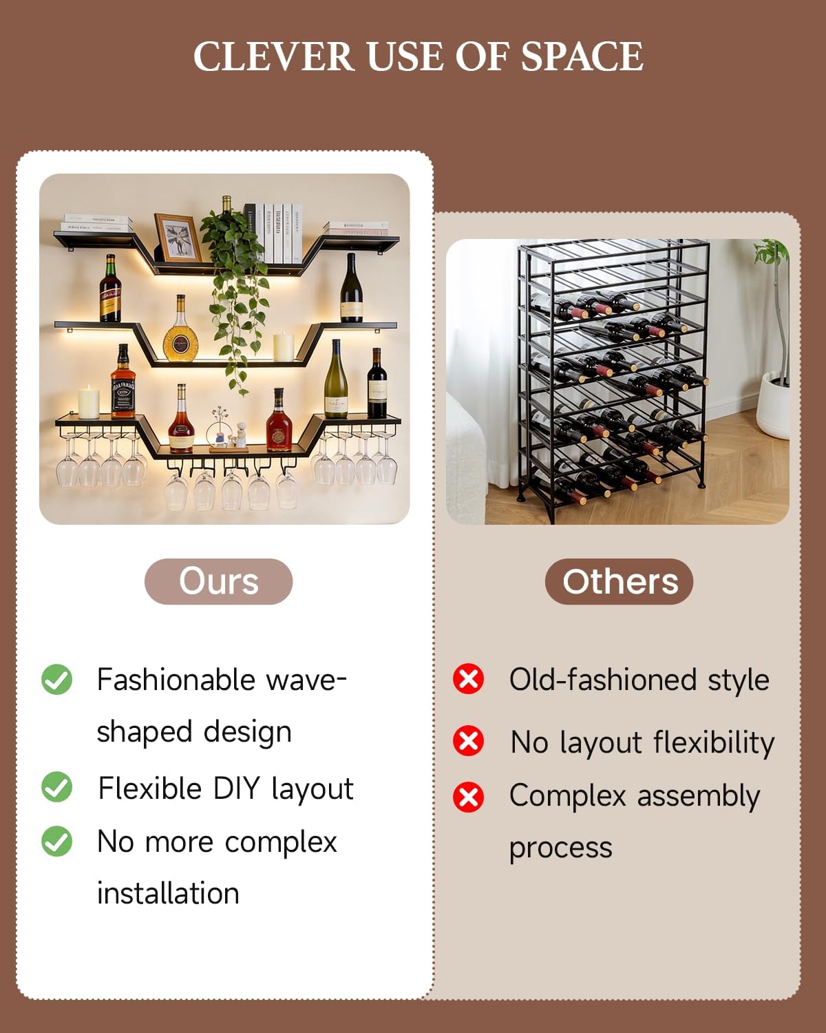 47.2 in Wall Mounted Wine Rack with Glass Holder,3-Tier | LED Light Floating Bar Shelves ,Wave Design, DIY Combinable, Heavy-Duty Metal Display for Home Bar, Cafe Decor
