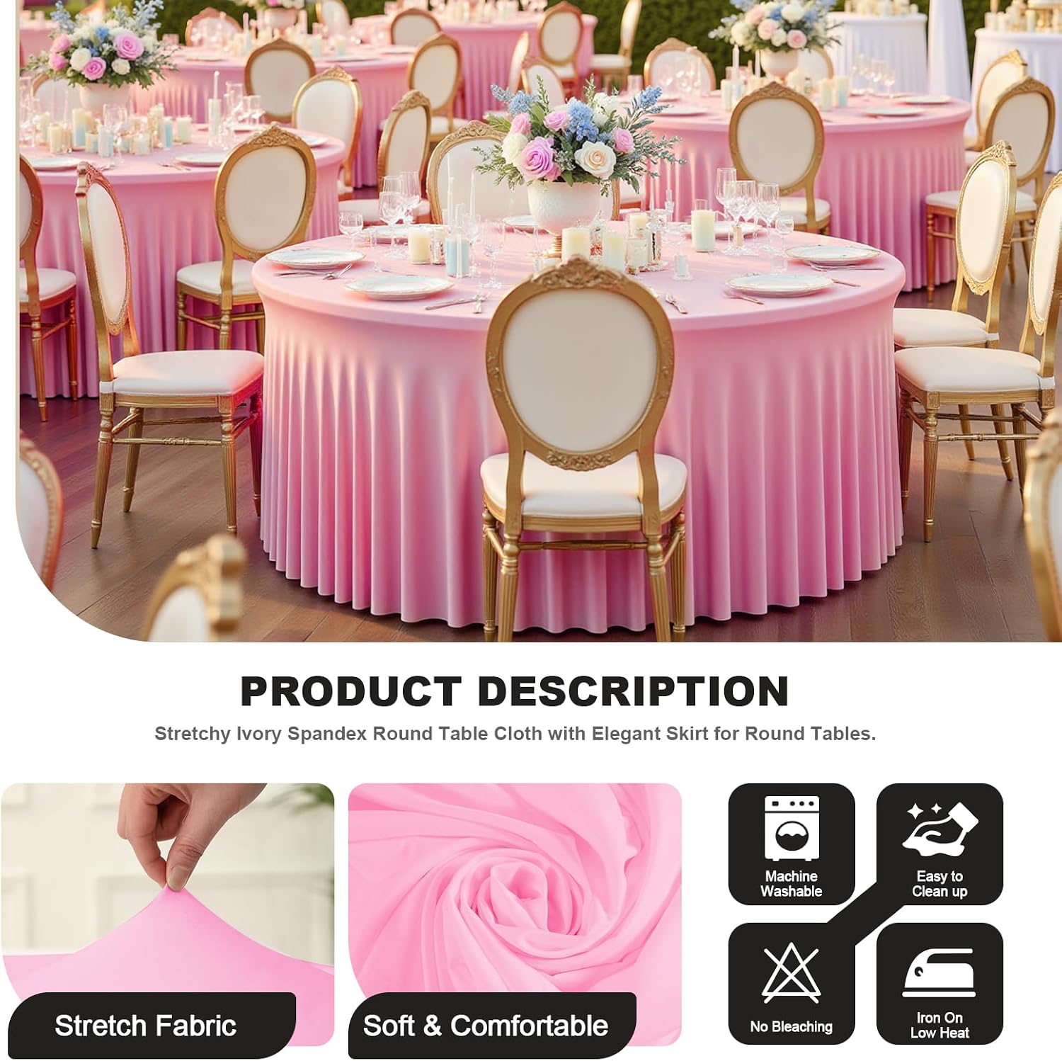 6 Pack Pink 72 inch Round Spandex Tablecloth,Wrinkle-Free Stretchy Fitted 6FT Round Tables,Elastic Edge with Skirt,Washable Tablecloths for Wedding Banquet Party Birthday Buffet