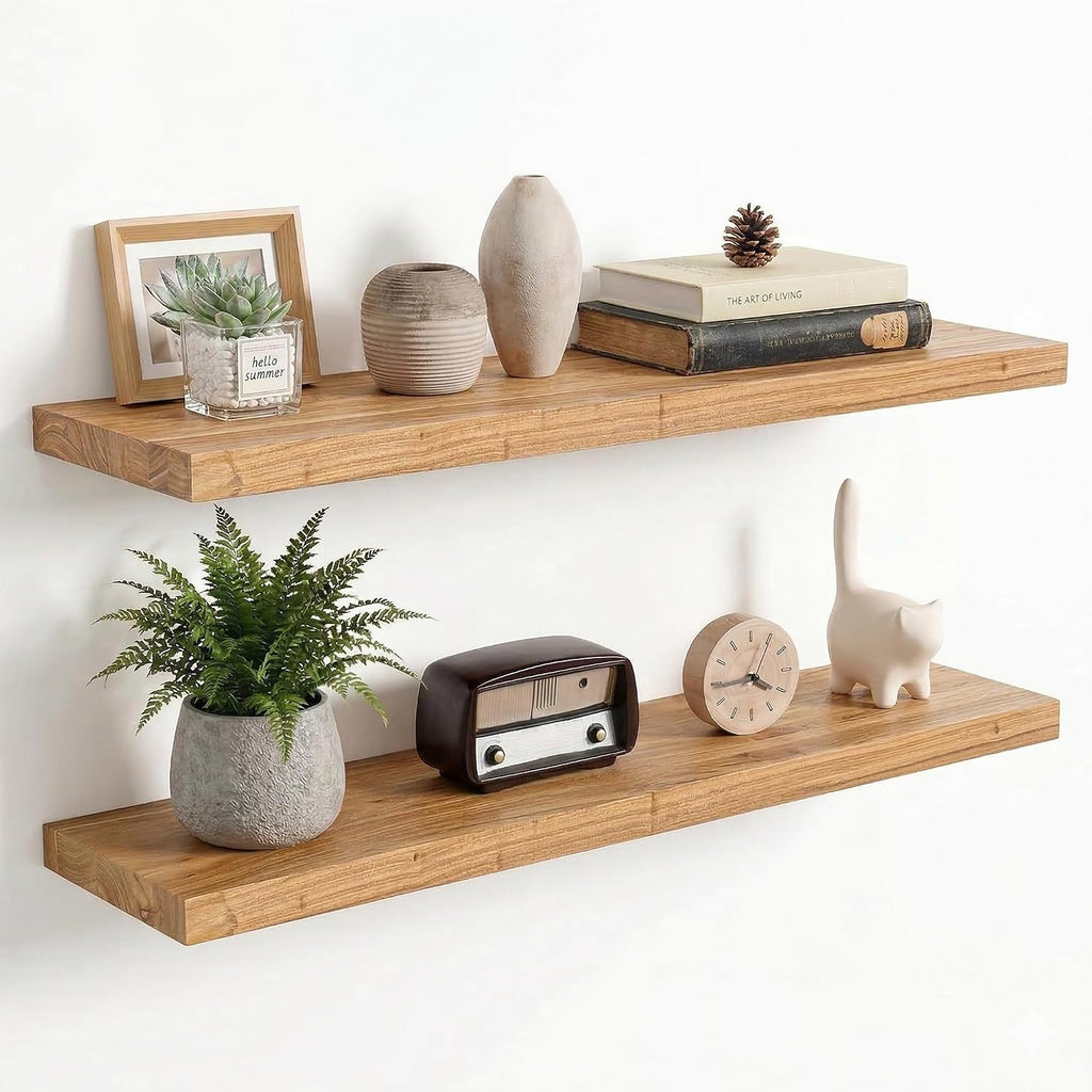 36'x9.2' Elm Floating Shelves for Wall, Flat Edge, Natural, 2-Pack | 1.4' Thick Reclaimed Wood Shelves with Invisible Bracket for Living Room, Bedroom, Kitchen & Bathroom Storage