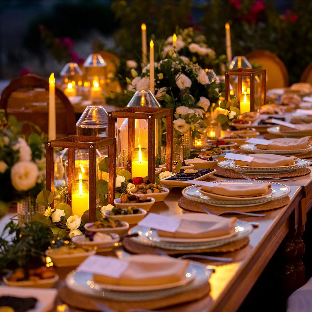 Sabary 45Pcs/15 Set Wooden Wedding Lantern Centerpiece, Include 15 Candle Holder 15 LED Candle 15 Eucalyptus Leave Wreath for Rustic Wedding Table Decoration, Country Barn Table Valentine Decor, Party