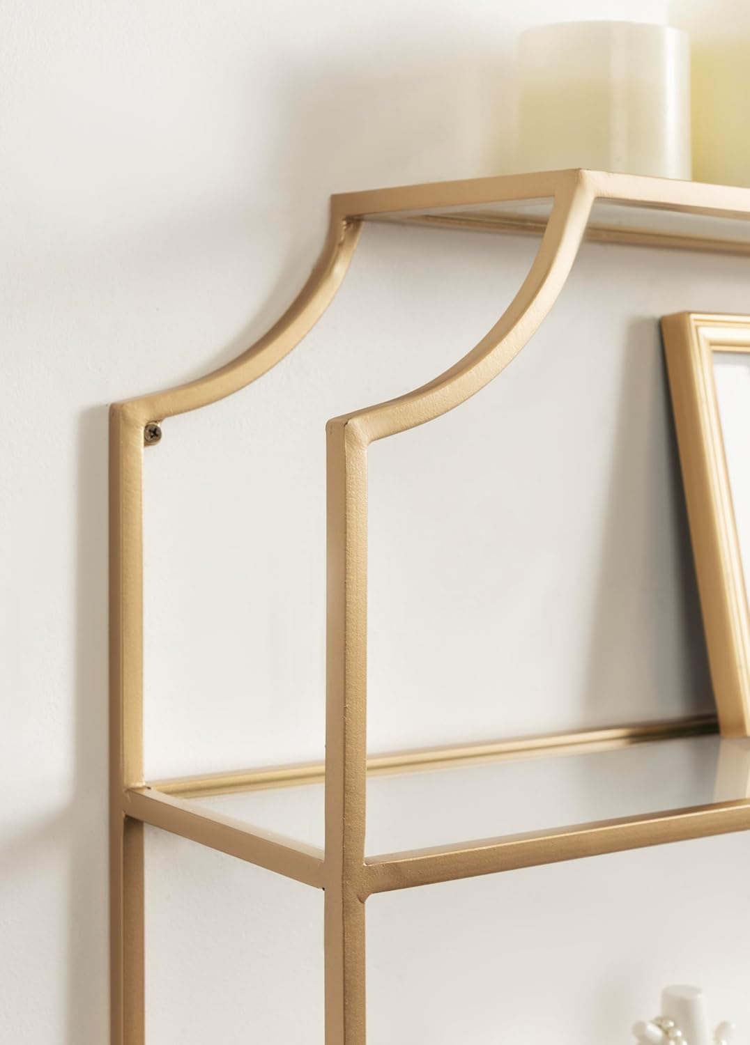Kate and Laurel Ciel Modern Glam Wide Two-Tier Wall Shelf, 24 x 20, Gold, Tiered Bathroom Shelves for Over the Toilet Storage or Bedroom Makeup Organizer