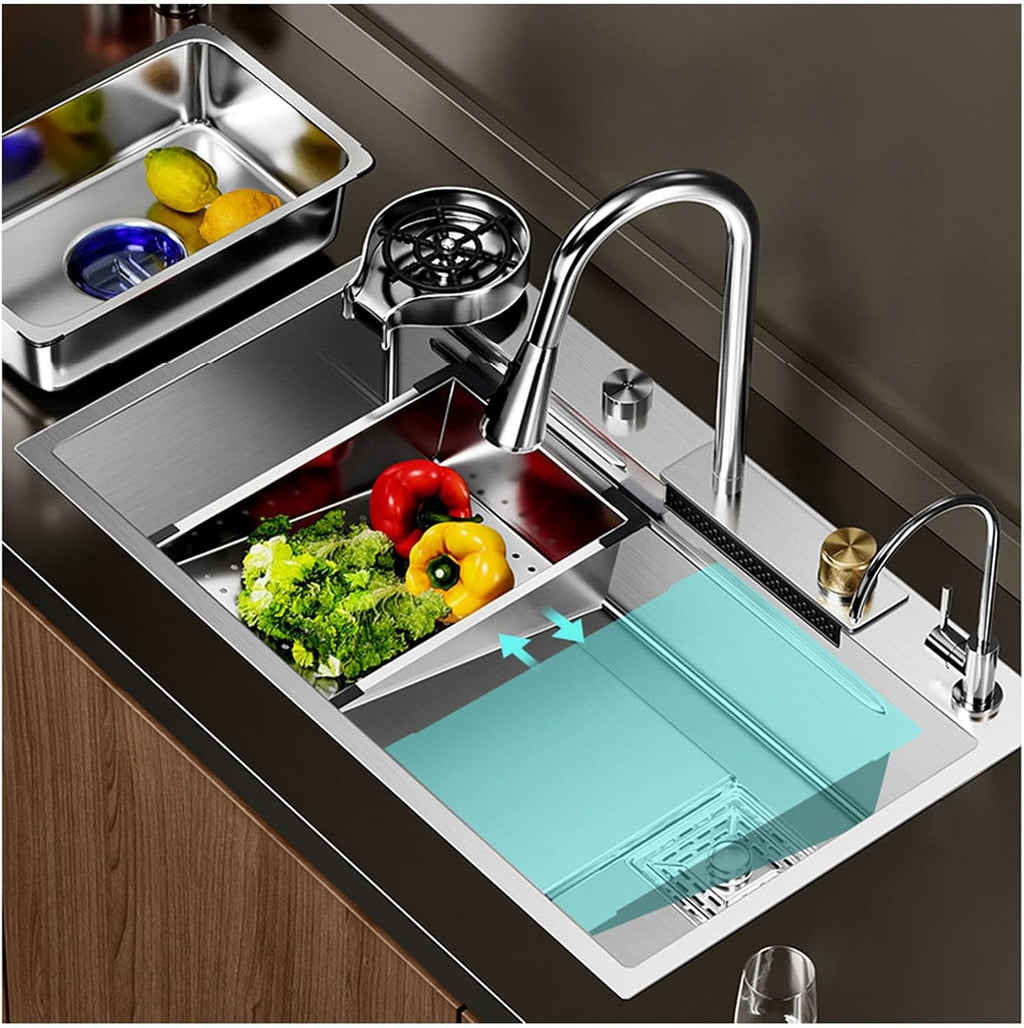 Stainless Steel Kitchen Sink Integrated Waterfall & Pull-Down Faucet Set - Large Bowl Sink with Nano Coating Farmhouse Workstation Sink Kit(