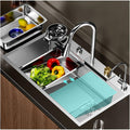 Stainless Steel Kitchen Sink Integrated Waterfall & Pull-Down Faucet Set - Large Bowl Sink with Nano Coating Farmhouse Workstation Sink Kit(
