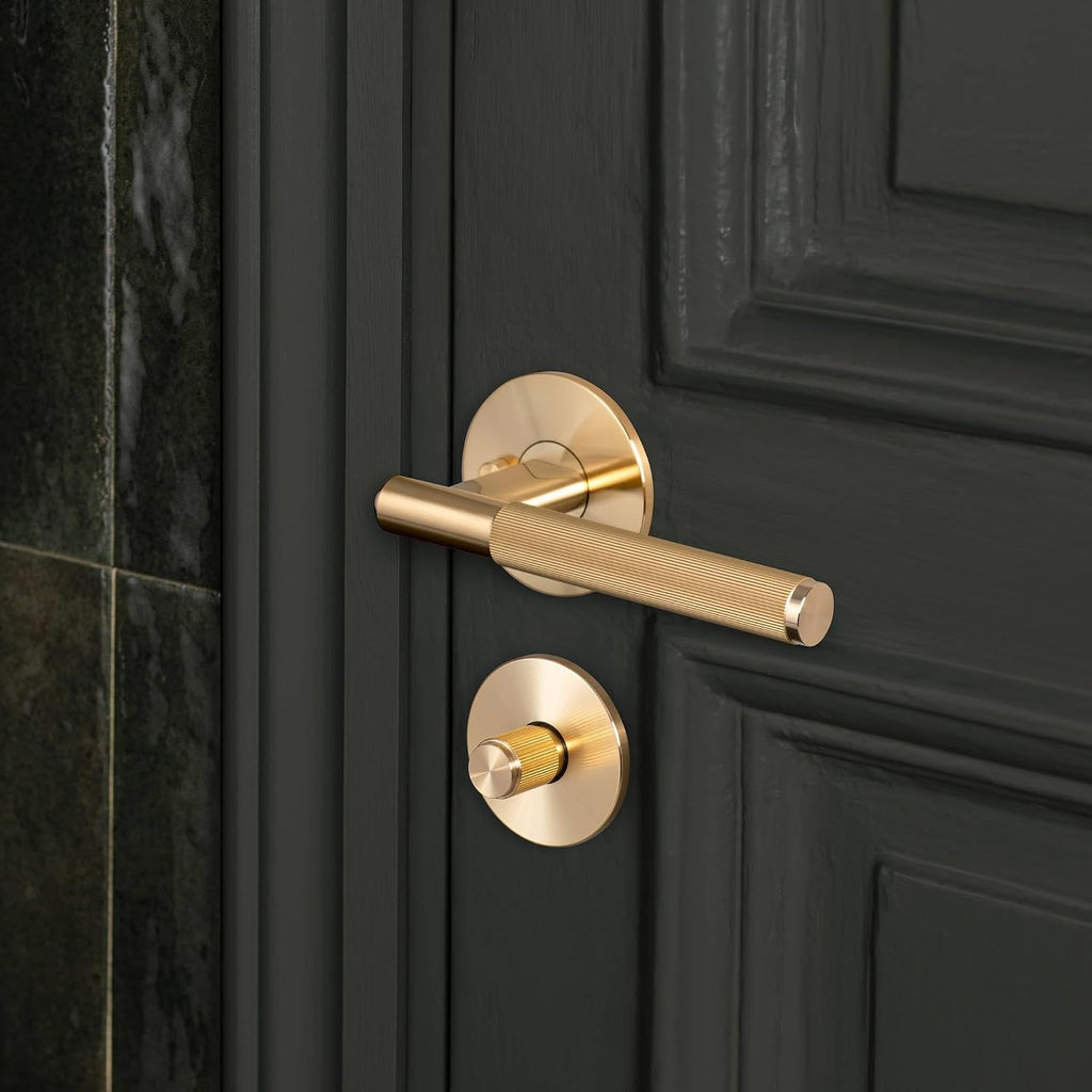 Buster and Punch Door Handle Set Privacy Linear Knurl Brass