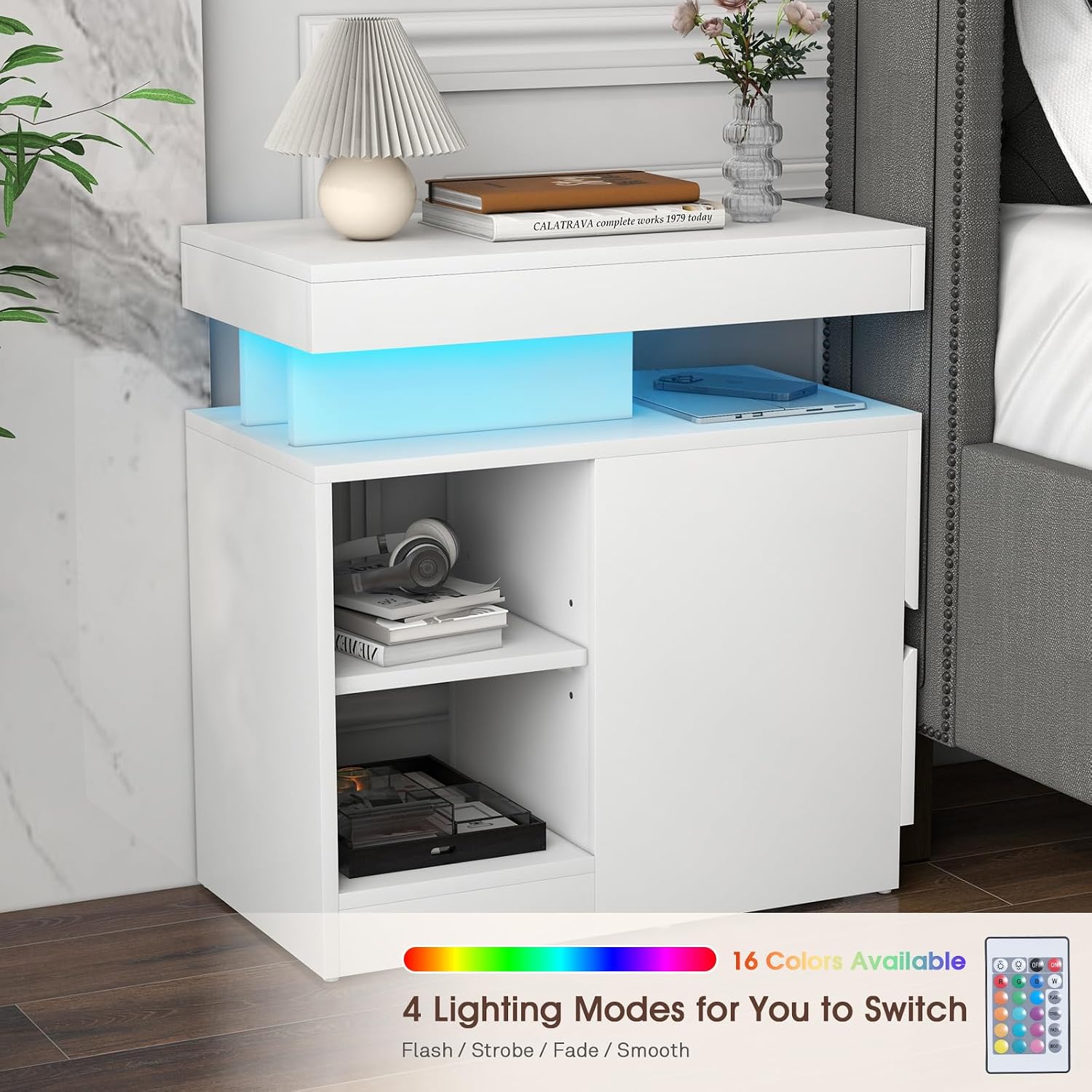 OC Orange-Casual LED End Table with Power Outlet, High Glossy Sofa Side Table, Small Nightstand with Drawer and Storage Cabinet, Narrow Side Table with Charging Station for Living Room (2, White)
