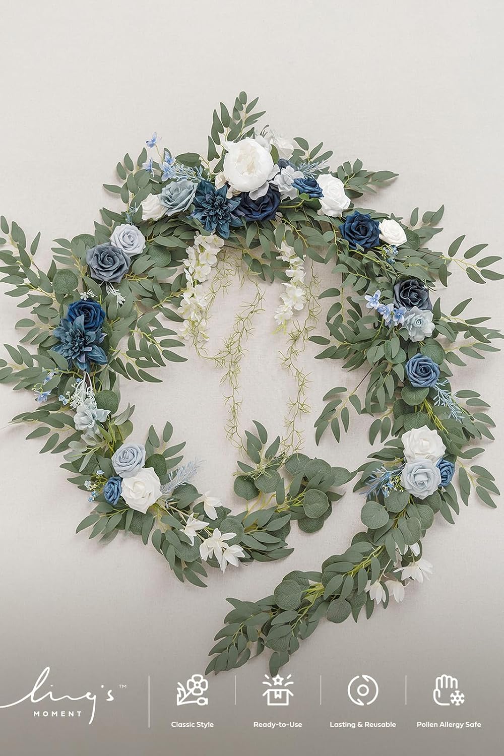 Ling's moment 9FT Spring Flower Garland- Wedding Arch Flowers for Backdrop Decoration, Eucalyptus & Rose, Artificial Floral Garland for Mantle - Sweetheart Head Table Decor for Reception, Dusty Blue