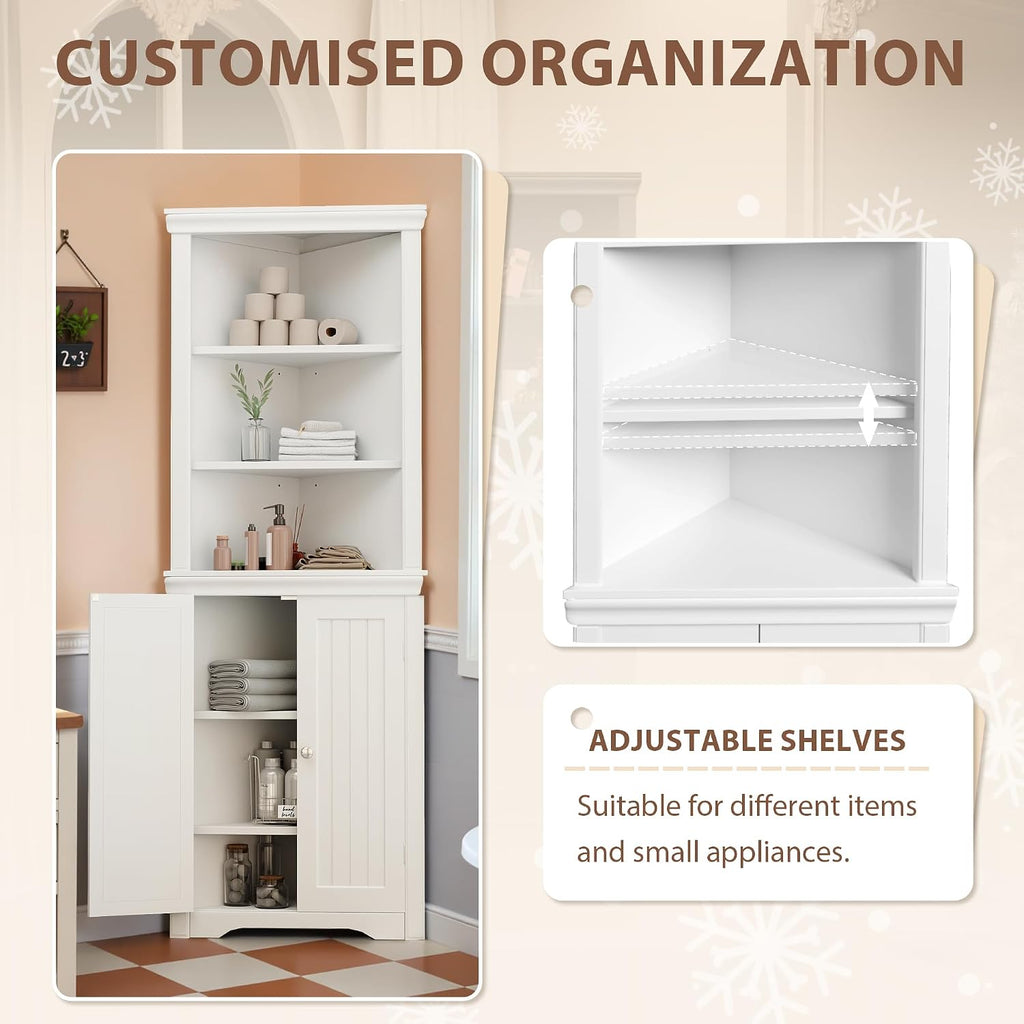 Furmax 62' Corner Cabinet, Bathroom Storage Cabinet with 6 Adjustable Shelves & 2 Doors, Freestanding Corner Shelf for Living Room, Bathroom, Kitchen (White)