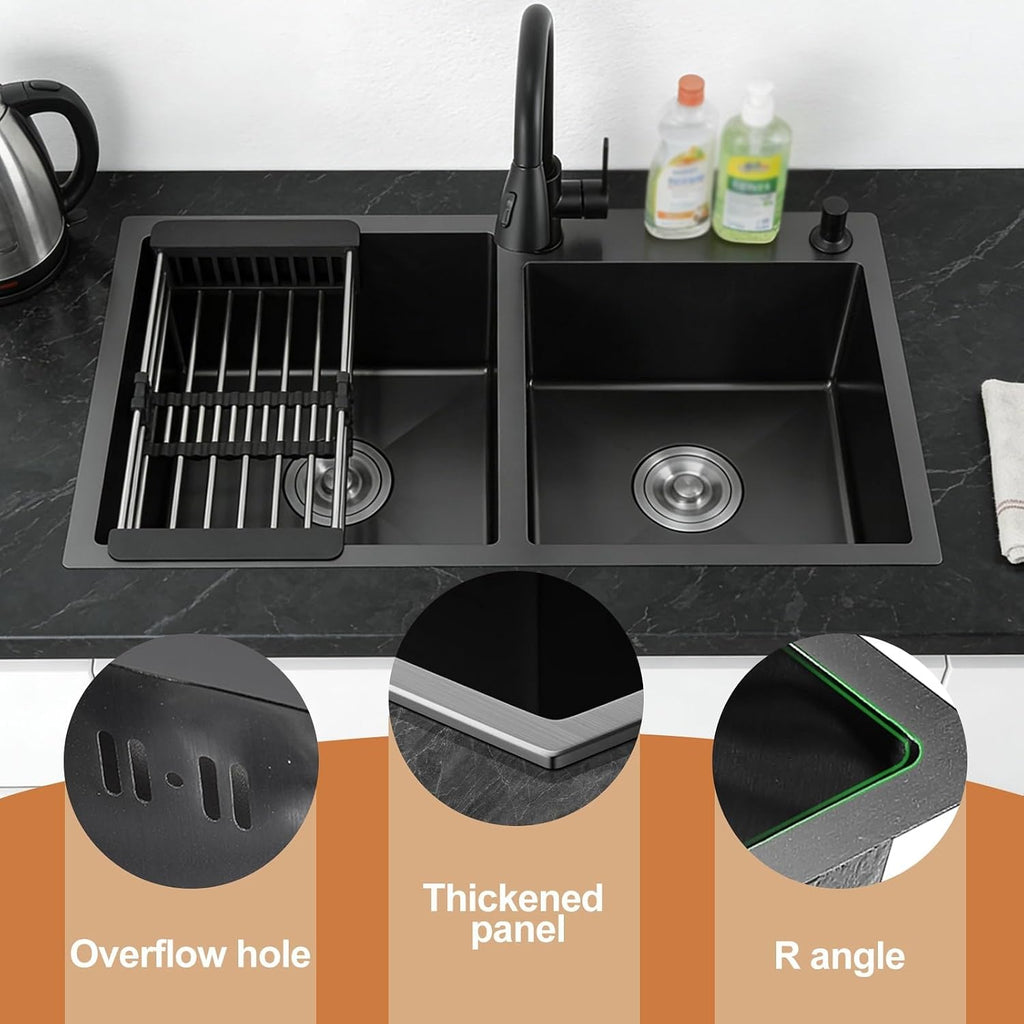 Black Kitchen Sink, Stainless Steel Single Bowl Sink, Drop in/Topmount Workstation Sink with Sliding Accessories, Farmhouse Workstation Sink with Accessories 60x45cm