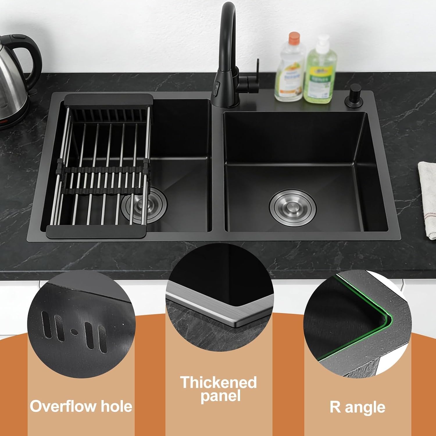 Black Kitchen Sink, Stainless Steel Single Bowl Sink, Drop in/Topmount Workstation Sink with Sliding Accessories, Farmhouse Workstation Sink with Accessories 65x45cm
