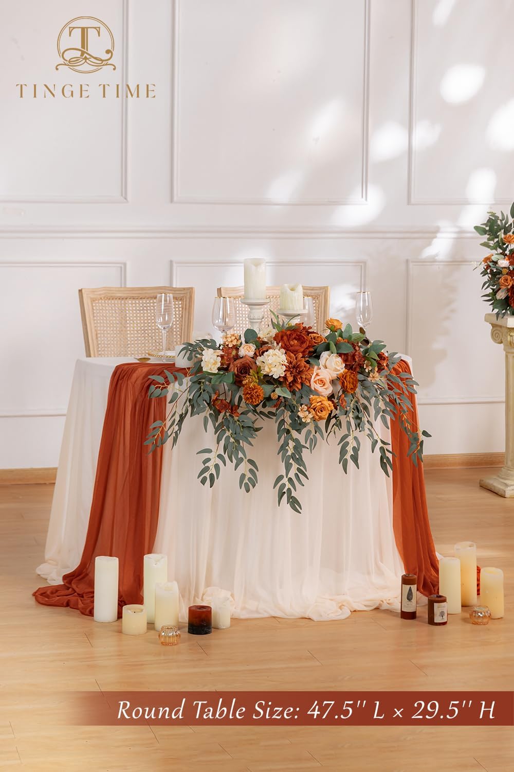 TINGE TIME Artificial Sweetheart Flower Swag with Tablecloth and Table Runner, Pack of 3 Floral Arrangement for Autumn Wedding Sweetheart Table Centerpiece Fall Decoration (Terracotta)