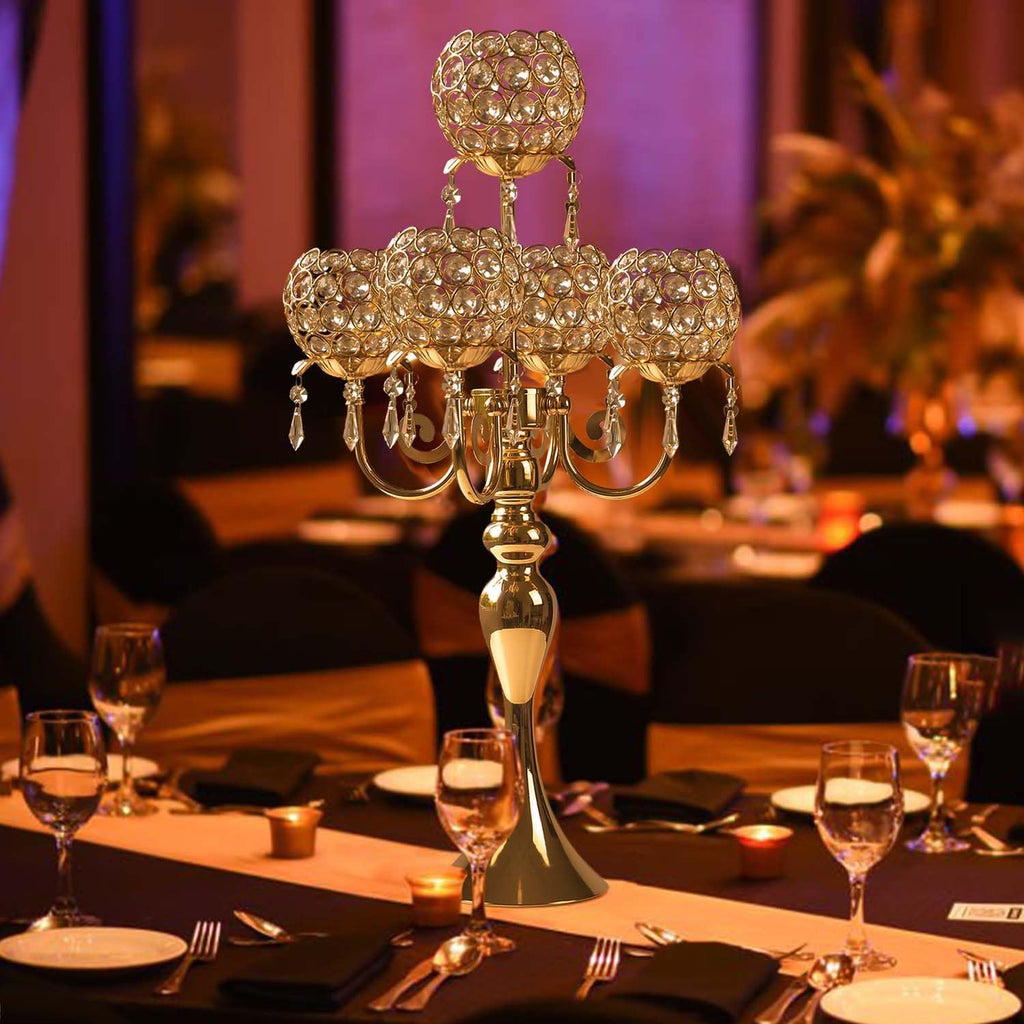 Set of 4 Candlesticks 5 Arm Crystal Strap Pendant Gold Table Decor Candelabra, 22.5 inches Elegant Dining Room Centerpieces for Holiday Parties Weddings (4, Gold)