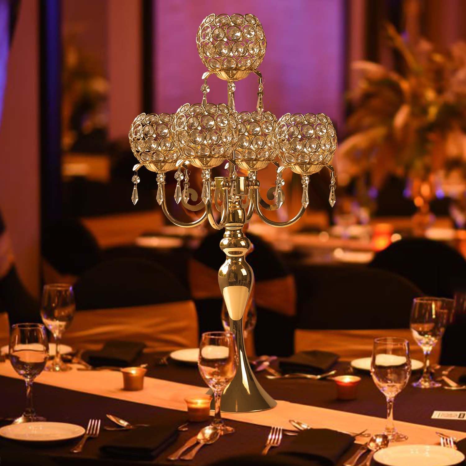 Set of 4 Candlesticks 5 Arm Crystal Strap Pendant Gold Table Decor Candelabra, 22.5 inches Elegant Dining Room Centerpieces for Holiday Parties Weddings (4, Gold)