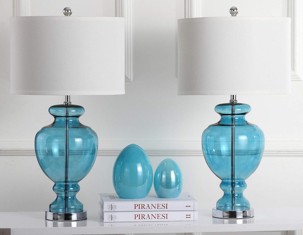 SAFAVIEH Lighting Collection Morocco Blue Glass 28-inch Bedroom Living Room Home Office Desk Nightstand Table Lamp Set of 2 (LED Bulbs Included)