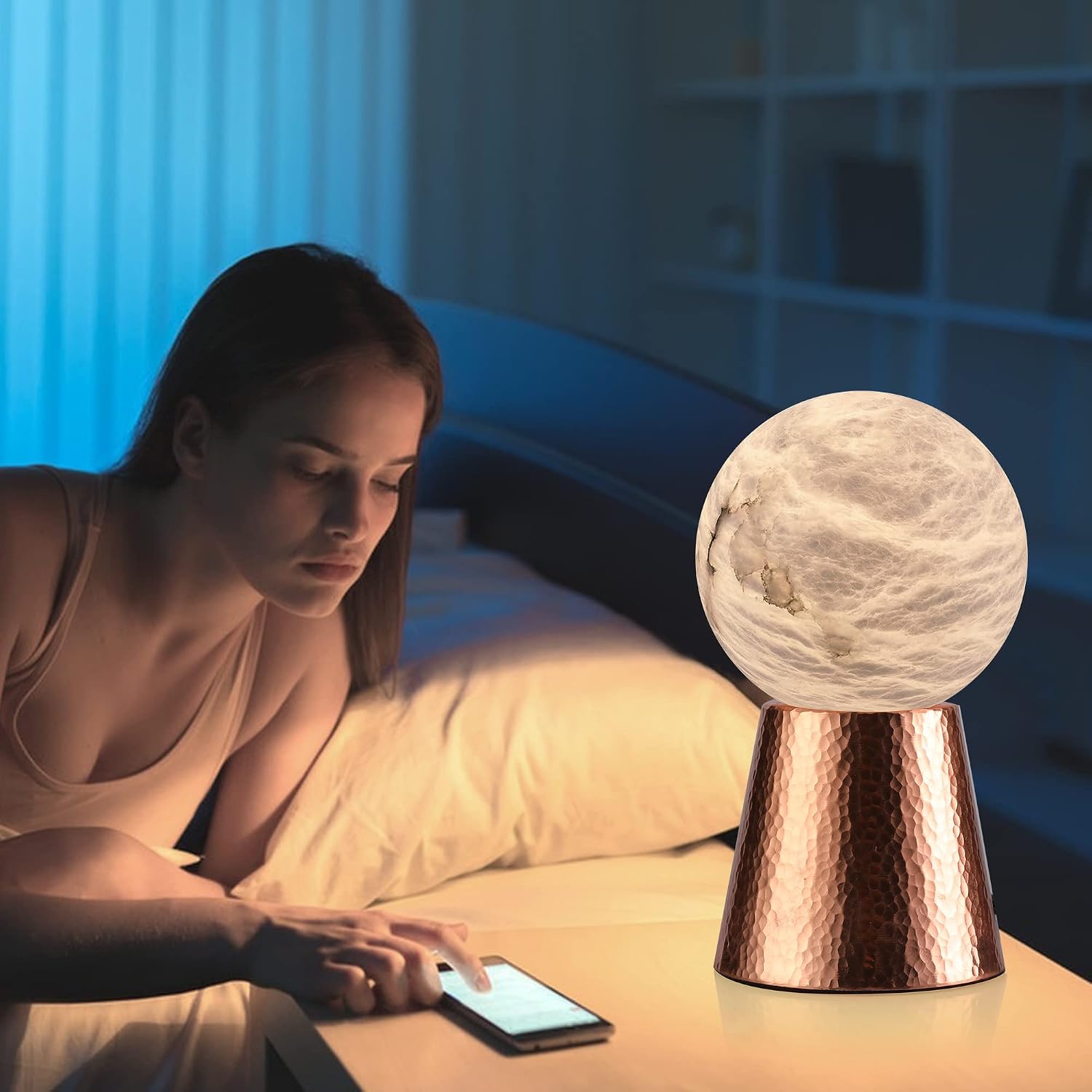 Handcrafted Natural Spanish Alabaster Stone Moon Lamp with Purple Copper Stand Elegant LED Night Light Premium Mini Table Lamp for Home, Office, and Luxury Decor