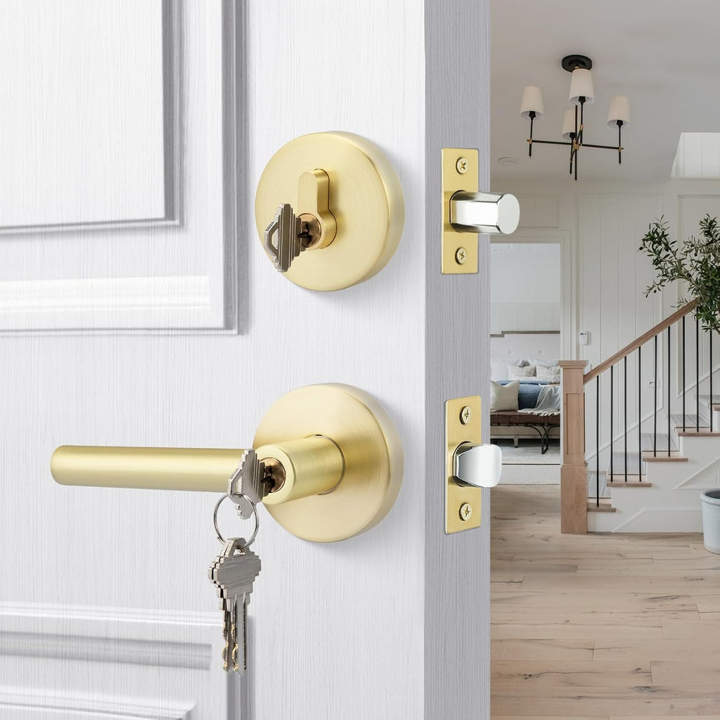 Goldenwarm Exterior Deadbolt and Keyed Entry Door Handle Set, Heavy Duty Zinc Alloy Gold Door Lever, Key Entry Front Brushed Gold Door Handle with Lock and Key(3 Pack)