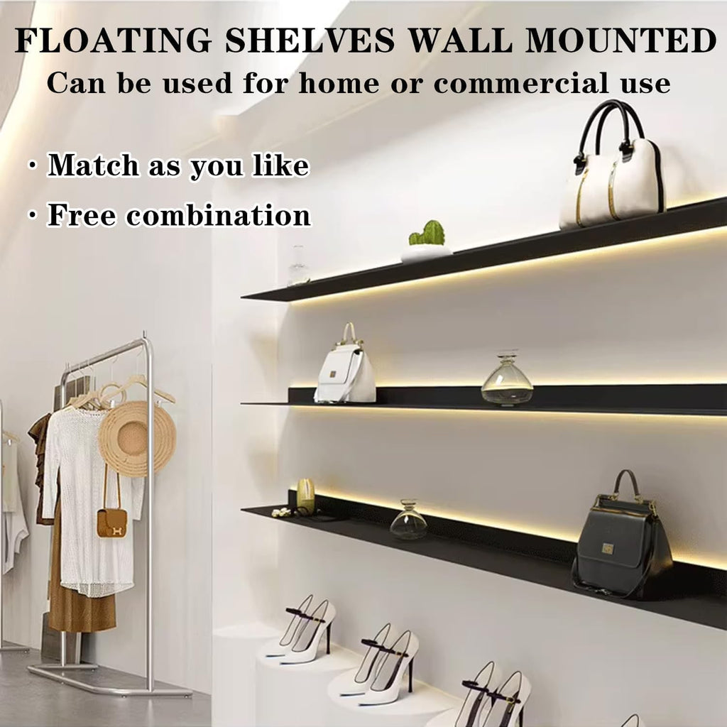 Corner Ledge Wall Shelf,Modern Metal Wall Mounted Floating Display Shelf with Built in LED Light for Commercial Bar Living Room Bathroom Black 23.6in