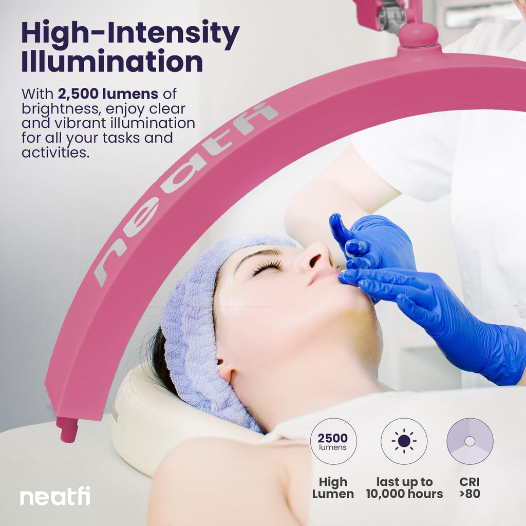 Neatfi Half Moon LED Table Lamp for Estheticians & Nail Techs – 2,500 Lumens | 5 Light Modes | Professional Task Lamp for Facial, Waxing, Threading & Tattoo (Pink, CCT with Clamp)
