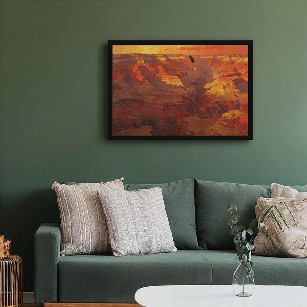 Canyon Sunset Landscape Wall Art Print, Dramatic Red Rock Vista with Soaring Eagle Painting Poster for Home Office Decor 20x30in