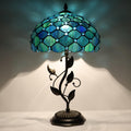 Tiffany Table Lamp, Stained Glass Desk Light, W12H19 Inch, Metal Leaf Base (Sea Blue Pearl Style)