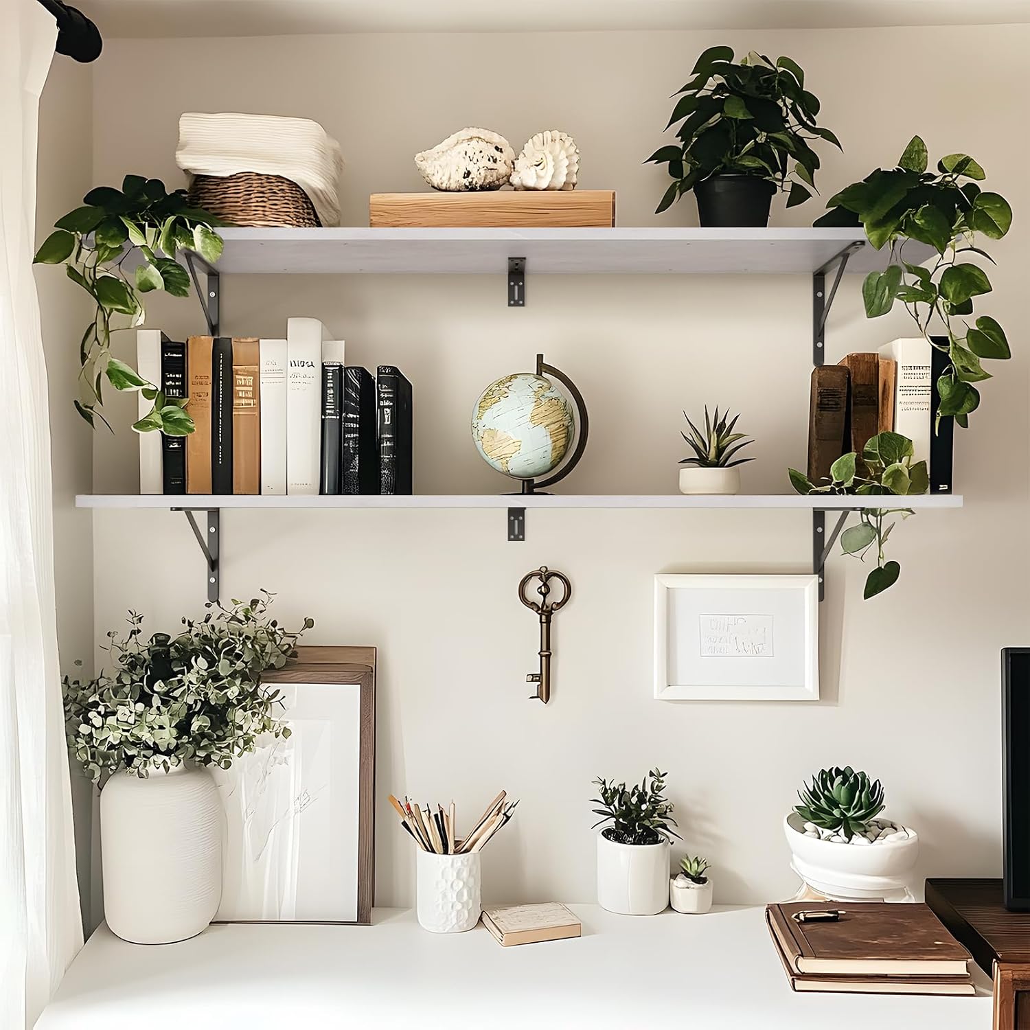 Kaboon 55 inch Long 10 inch Deep Floating Shelves for Wall Set of 2, Large Open Shelves Wall Mounted, Space Saving Home and Commercial Use, White Rock