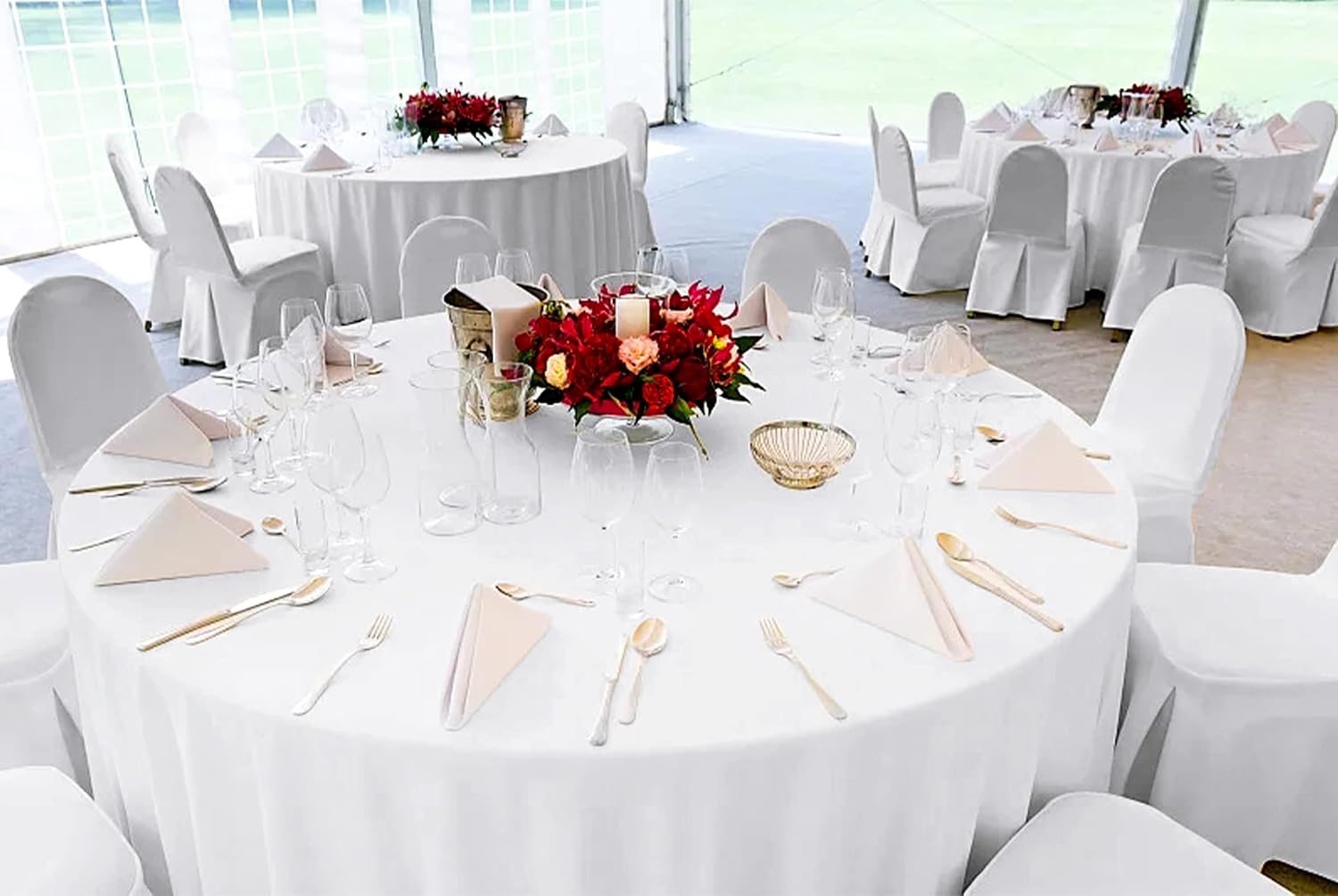 12 Pack 108 Inch White Polyester Round Tablecloths - Premium Stain & Wrinkle Resistant, Ideal for Weddings, Banquets, Parties