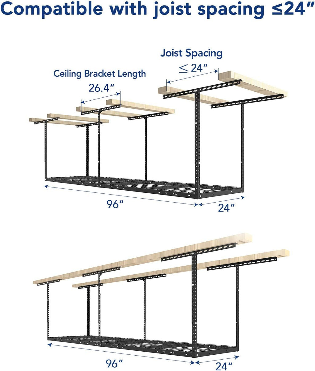 FLEXIMOUNTS 2x8 Overhead Garage Storage Rack, plus 2-Pack 2x4ft Corner Wall Mounted Floating Shelves, 450lbs+440lbs Capacity, Heavy-Duty Garage Organizer, Black