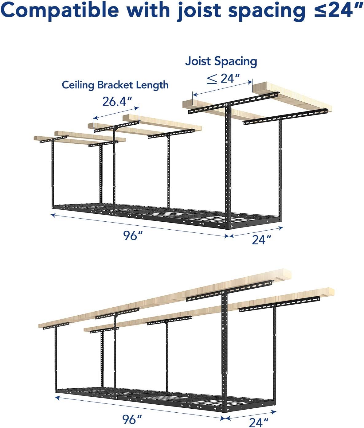 FLEXIMOUNTS 2x8 Overhead Garage Storage Rack, plus 2-Pack 2x4ft Corner Wall Mounted Floating Shelves, 450lbs+440lbs Capacity, Heavy-Duty Garage Organizer, Black