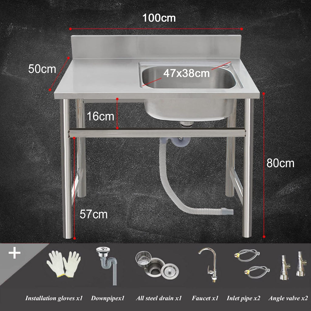 Free Standing Stainless-Steel Single Bowl Sink with Workbench, Commercial Restaurant Kitchen Sink Set with Faucet and Drainboard, Utility Washing Hand Basin