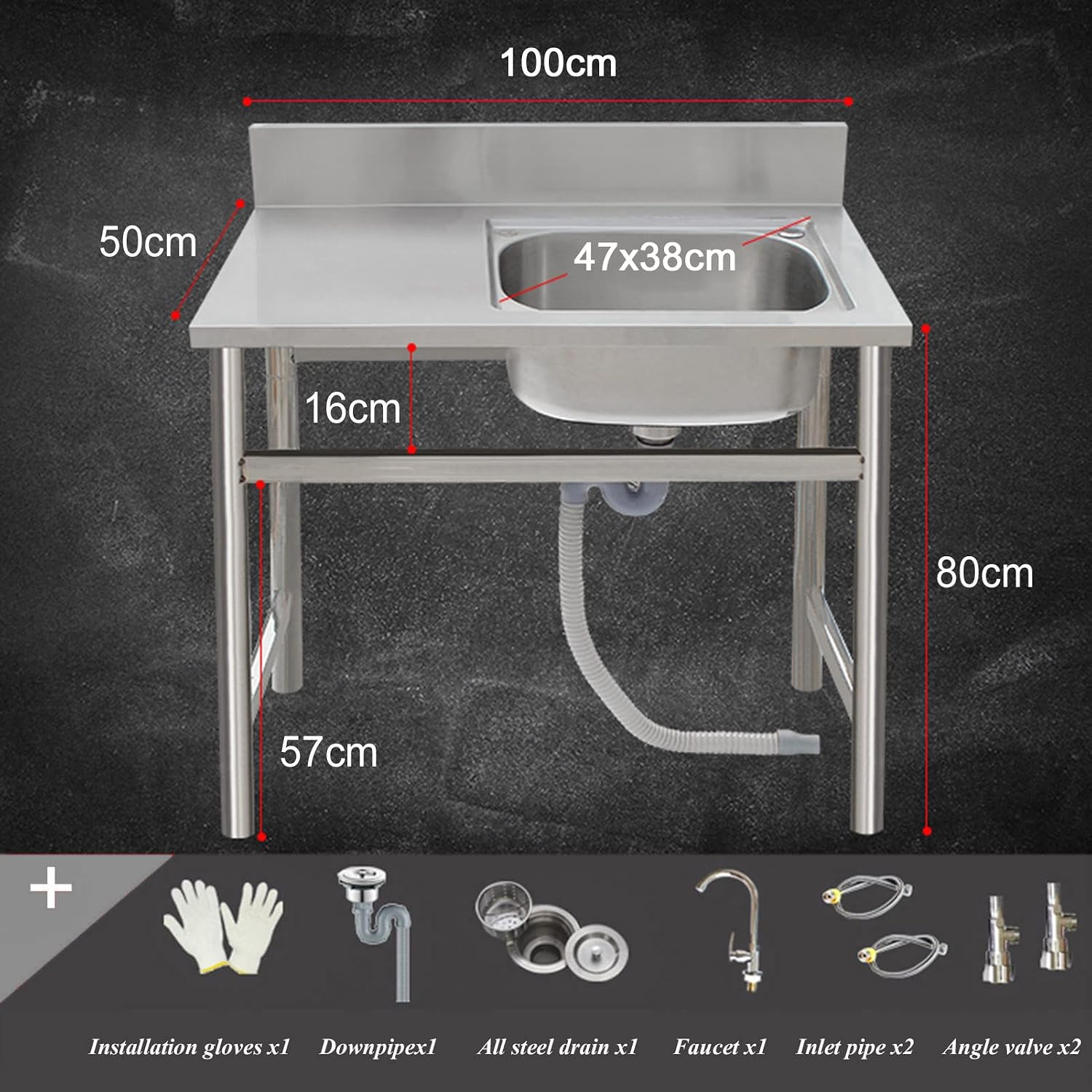 Free Standing Stainless-Steel Single Bowl Sink with Workbench, Commercial Restaurant Kitchen Sink Set with Faucet and Drainboard, Utility Washing Hand Basin
