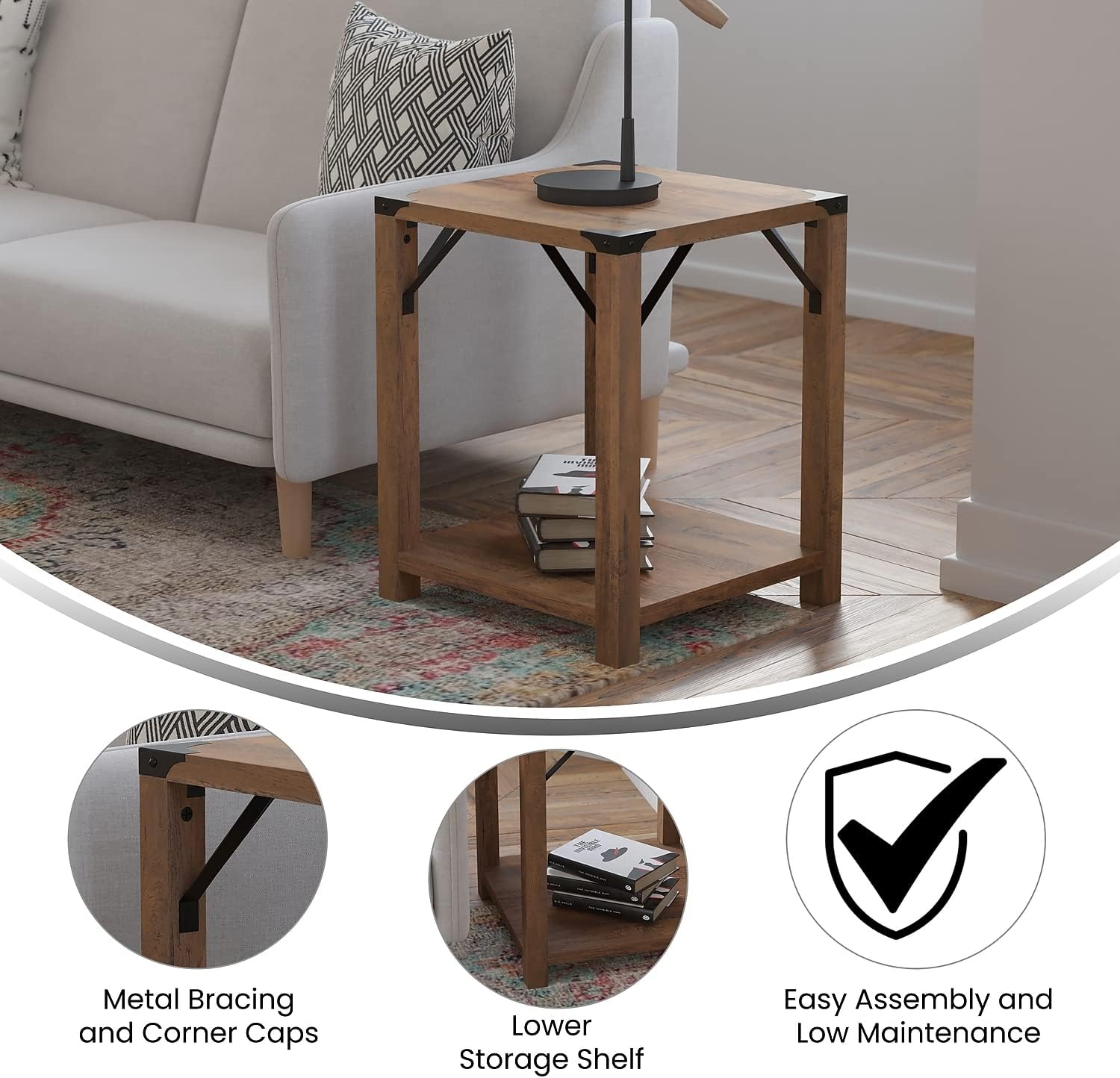 Flash Furniture Wyatt Modern Farmhouse 2 Tier Side Table - Rustic Oak Engineered Wood Frame - Black Metal Crisscross Side Braces and Corner Accents