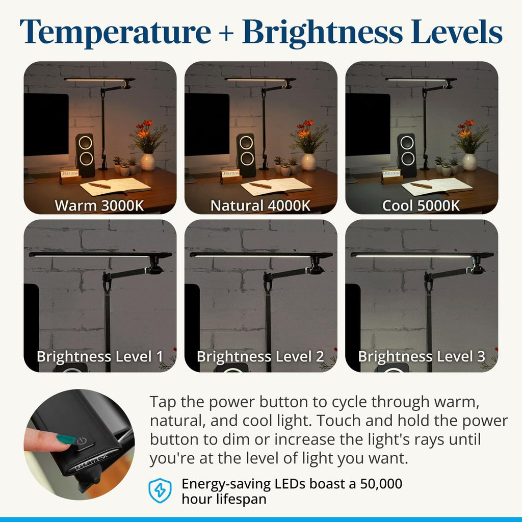 UPLIFT DESK E7 LED Desk Lamp – Adjustable 3 Color Modes, Dimmable Home Office Desk Light for Standing Desk, Dual Monitors, Aluminum Task Lamp (Silver Lamp, Silver Base)