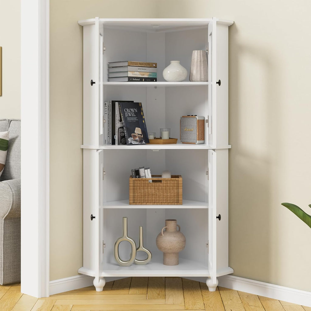 Tall Corner Cabinet with Glass Doors, White Corner Shelf for Living Room | Tempered Glass, Painted, Adjustable Shelves, Roman Column Legs, Anti-Tipping Device, Assembly Required, Large Storage Space