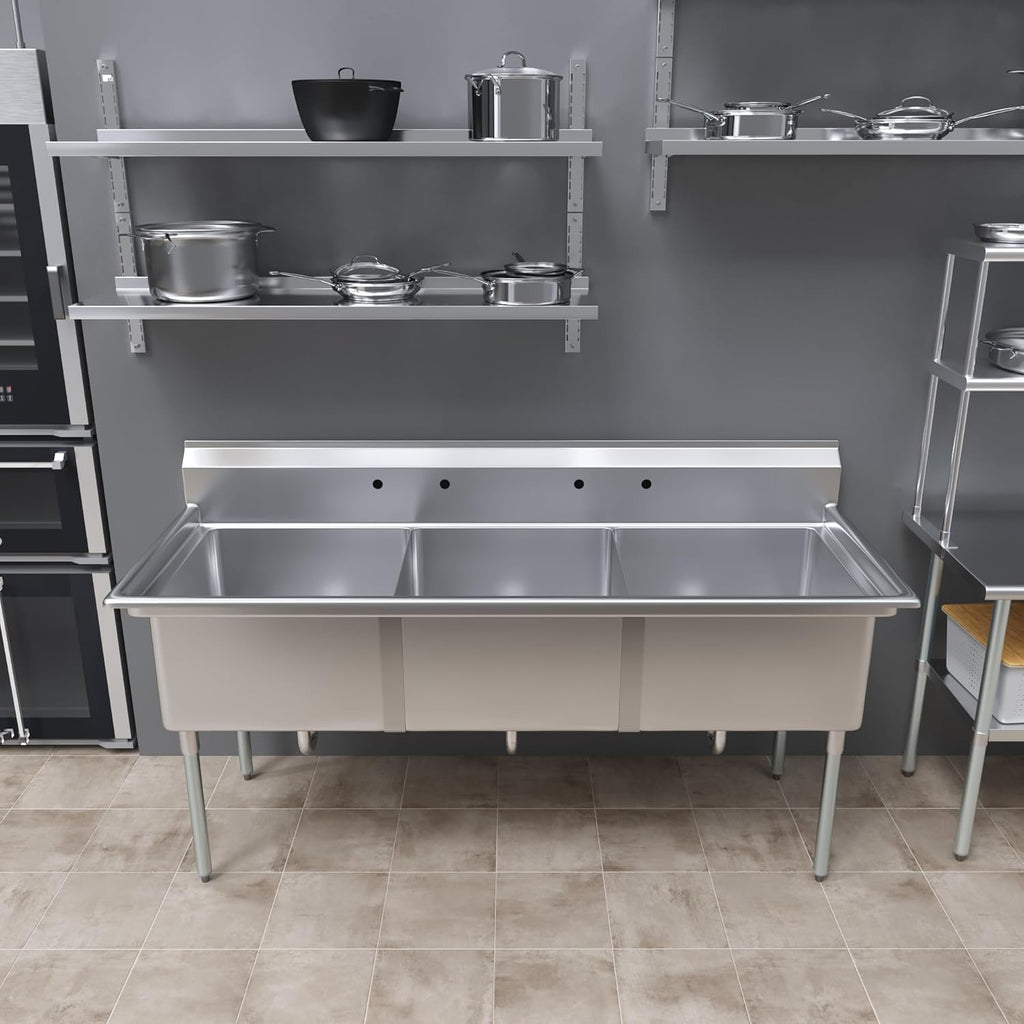 Three Compartment Stainless Steel Commercial Kitchen Prep & Utility Sink | Bowl Size 24' x 24' X 14' | NSF Certified (Size 78' x 30' x 43')