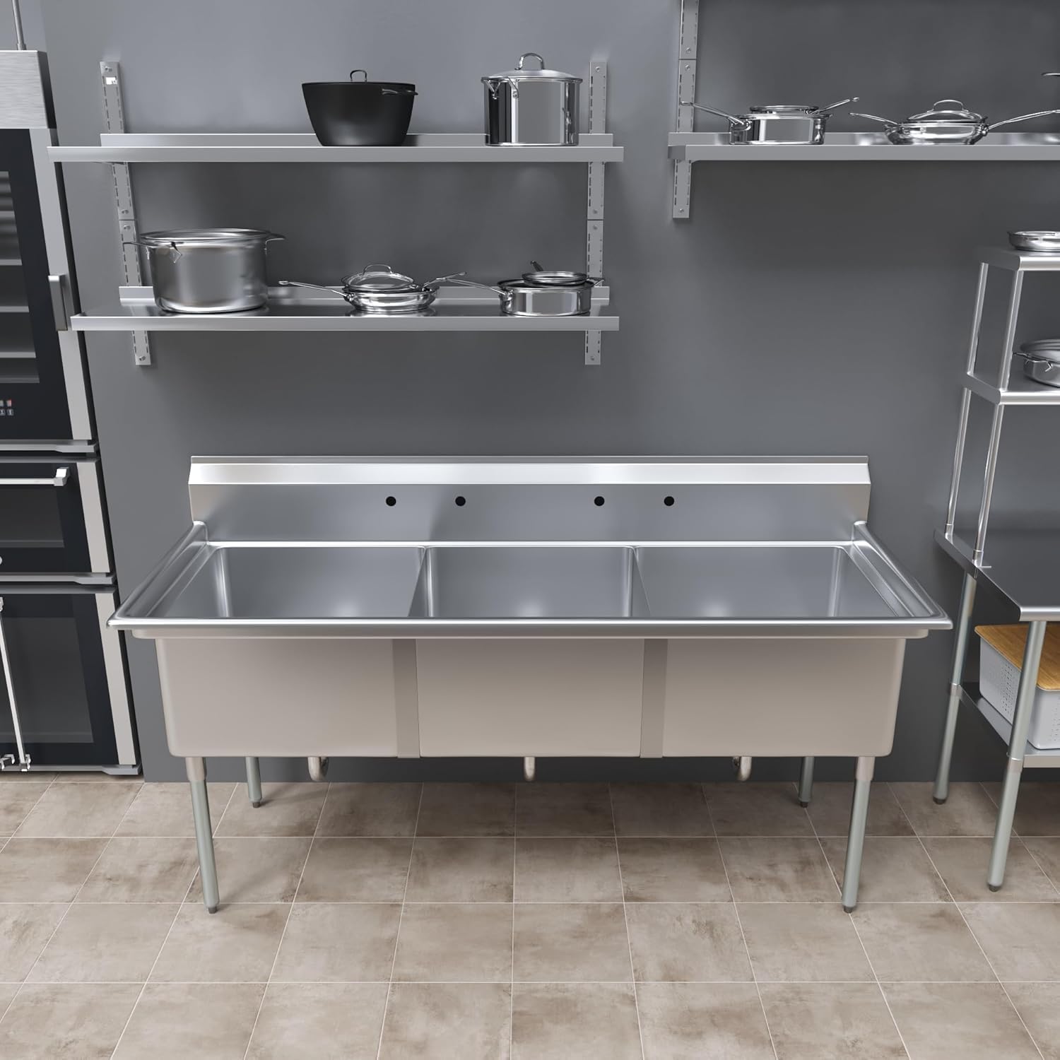 Three Compartment Stainless Steel Commercial Kitchen Prep & Utility Sink | Bowl Size 24' x 24' X 14' | NSF Certified (Size 78' x 30' x 43')