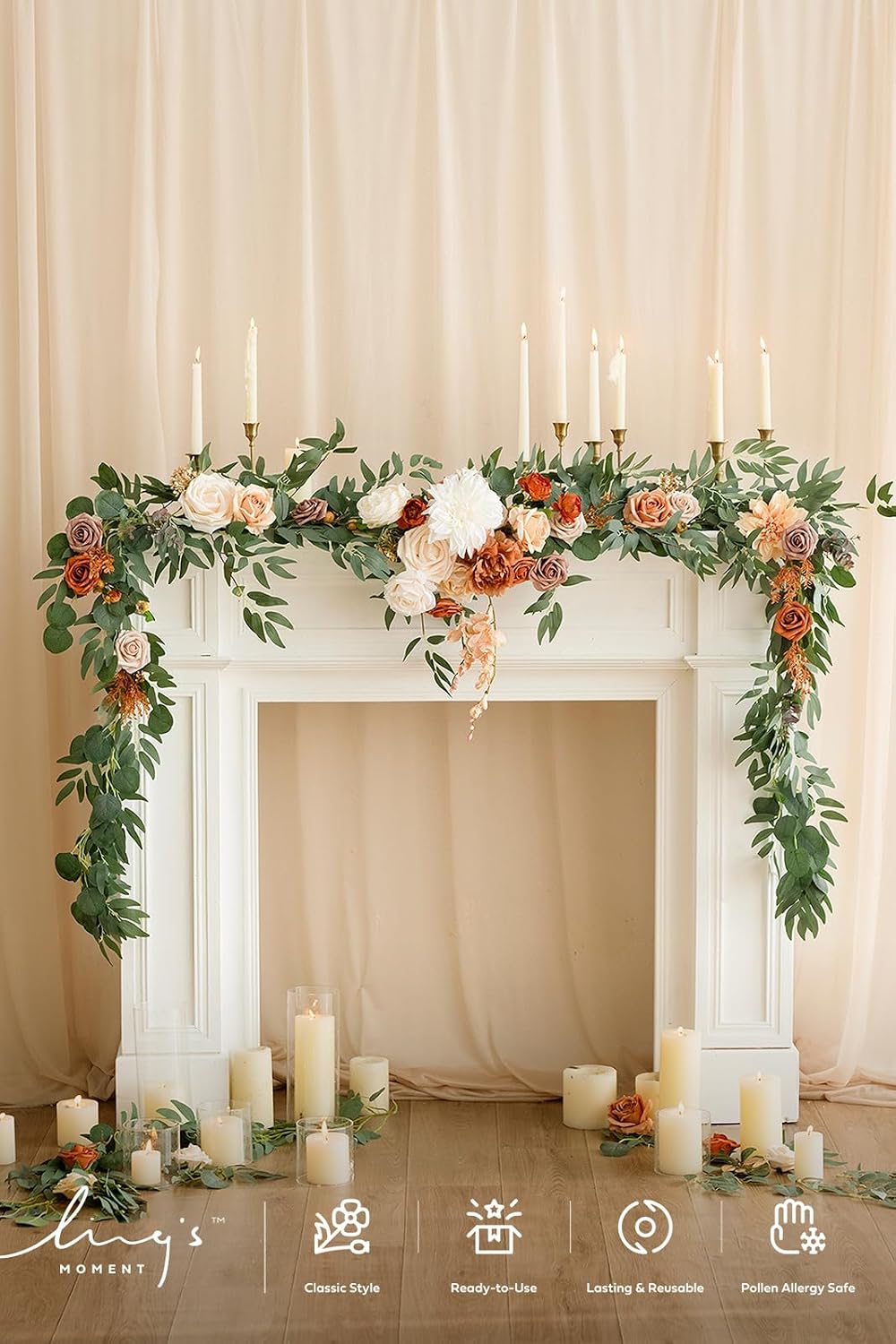 Ling's moment Fall 9FT Flower Garland for Backdrop Decorations - Wedding Arch Flowers, Eucalyptus & Rose, Artificial Floral Garland for Mantle - Sweetheart Table Decor for Ceremony, Terracotta