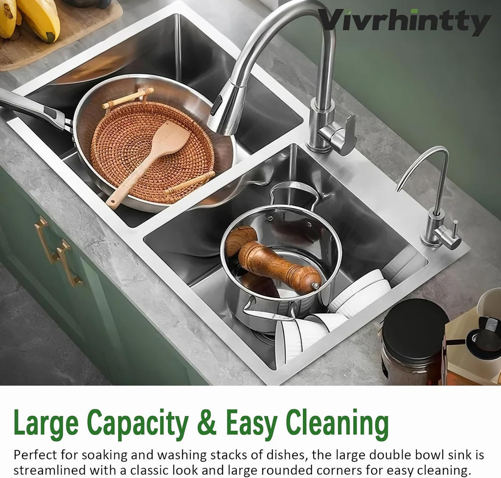 30-inch Kitchen Sink, Double Bowl Drop-in/Top-Mount 304 Stainless Steel with Nano Coating, Includes Drain Assembly & Fruit Basket for Modern Kitchen (30.7' x 16.9')