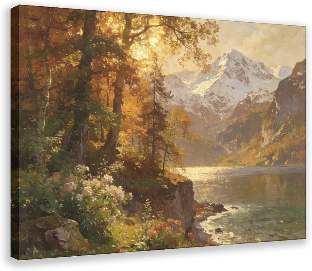 Autumn Mountain Lake Wall Art Print, Golden Forest And Snowy Peaks Landscape Painting, Scenic Nature Poster for Living Room Bedroom Decor 24x36inch(60x90cm)