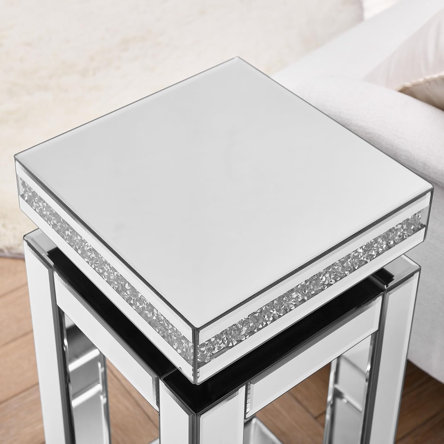 Mirrored End Table Square with Crystals, 2-Tier Modern Small Sofa Table with Storage, Silver Accent Table for Living Room, Bedroom, Coffee, and Small Spaces