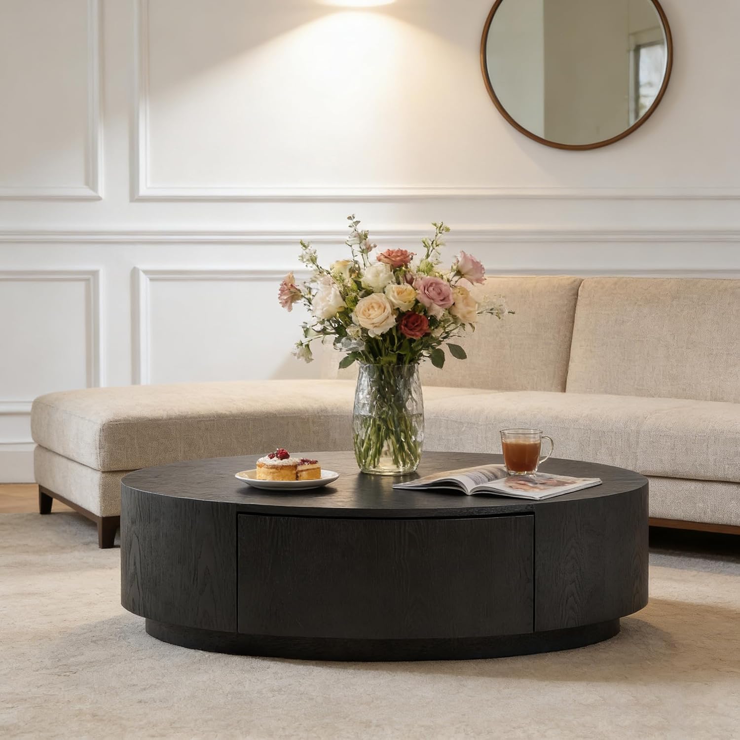 Wooden Oval Coffee Table with Storage Drawer, 47.24' Mid Century Modern Coffee Table, Unique Center Table Accent Sofa Side End Tea Table for Living Room Apartment, Black