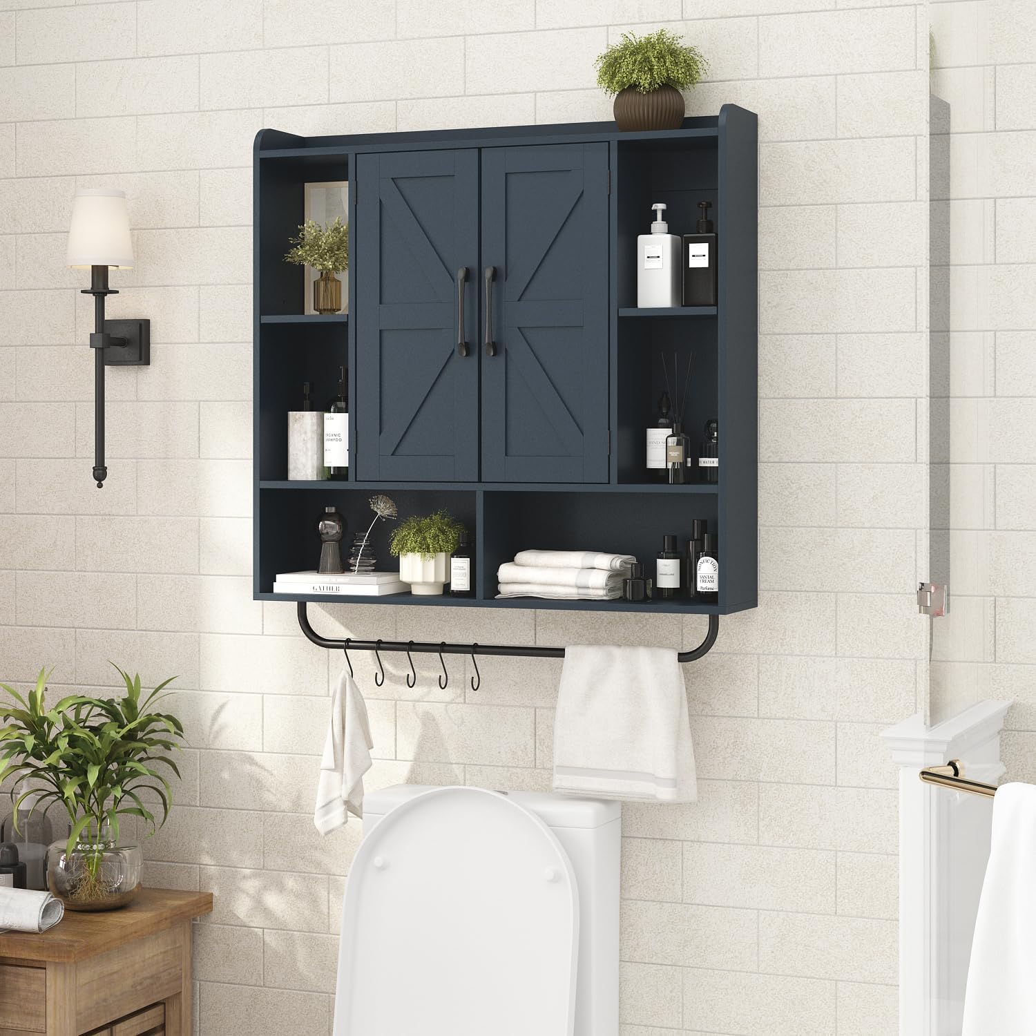 RUSTOWN Rustic Wood Wall Bathroom Cabinet, Farmhouse Medicine Cabinet Wall Mounted, Space Saving Wall Storage Cabinet with 2 Barn Door, 3-Tier Adjustable Shelves and Towel Bar(Navy Blue)