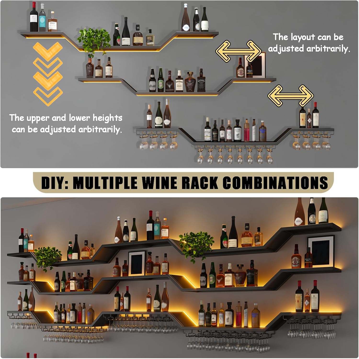 31.5in Modern LED Wine Rack Wall Mounted, 3-Tier Floating Bar Shelves with Wine Glass Rack, Large Hanging Liquor Shelf Wall Mounted, for Home Bar Dining Room Cafe Decorative (Black, 31.5in/80cm)