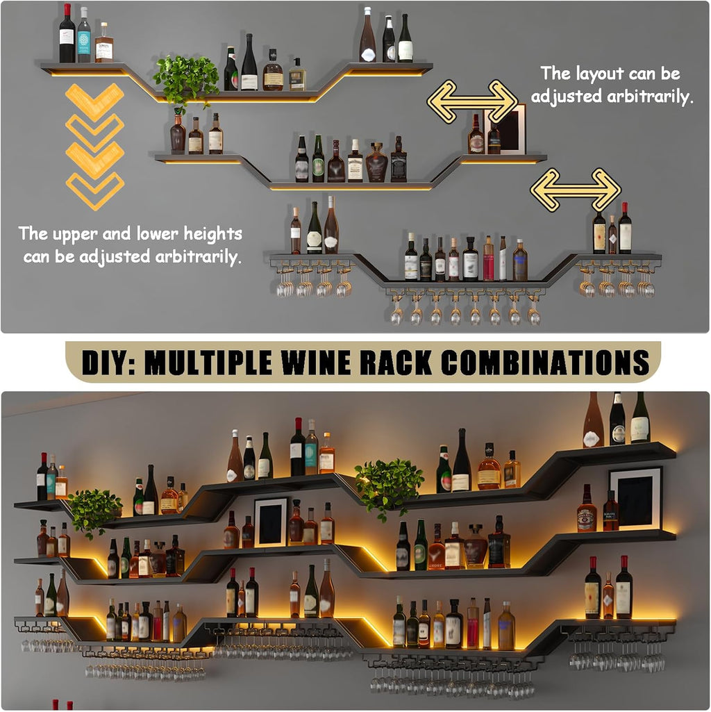 39.4in Modern LED Wine Rack Wall Mounted, 3-Tier Floating Bar Shelves with Wine Glass Rack, Large Hanging Liquor Shelf Wall Mounted, for Home Bar Dining Room Cafe Decorative (Black, 39.4in/100cm)