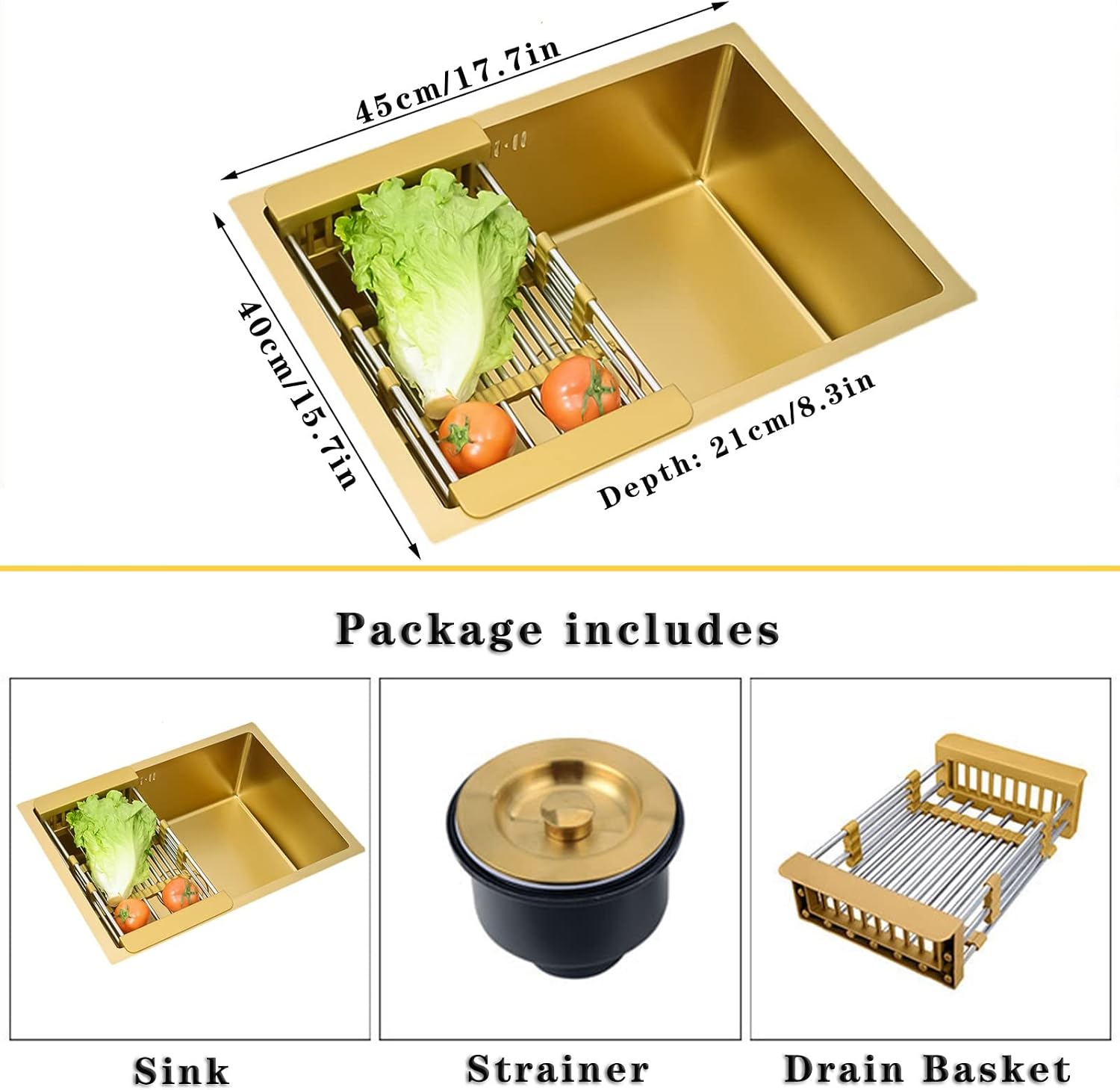 Gold 304 Stainless Steel Kitchen Sink,Single Bowl Sink with Gold Drainer Suitable for Bathroom,Bar,Restaurant (Gold-45x40x21cm