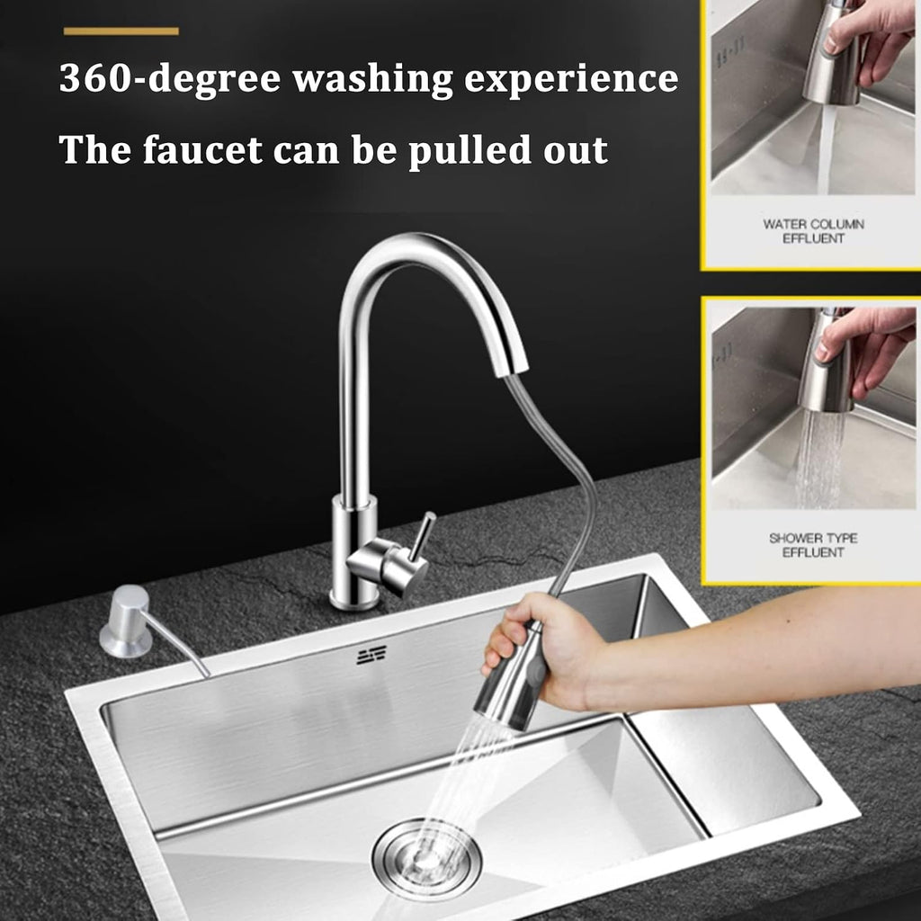 Stainless Steel Sink with Pullout Faucet Kitchen Sink Single Bowl Sink Undermount Sinks Apartment Sink Complete Accessories (48 * 40Cm