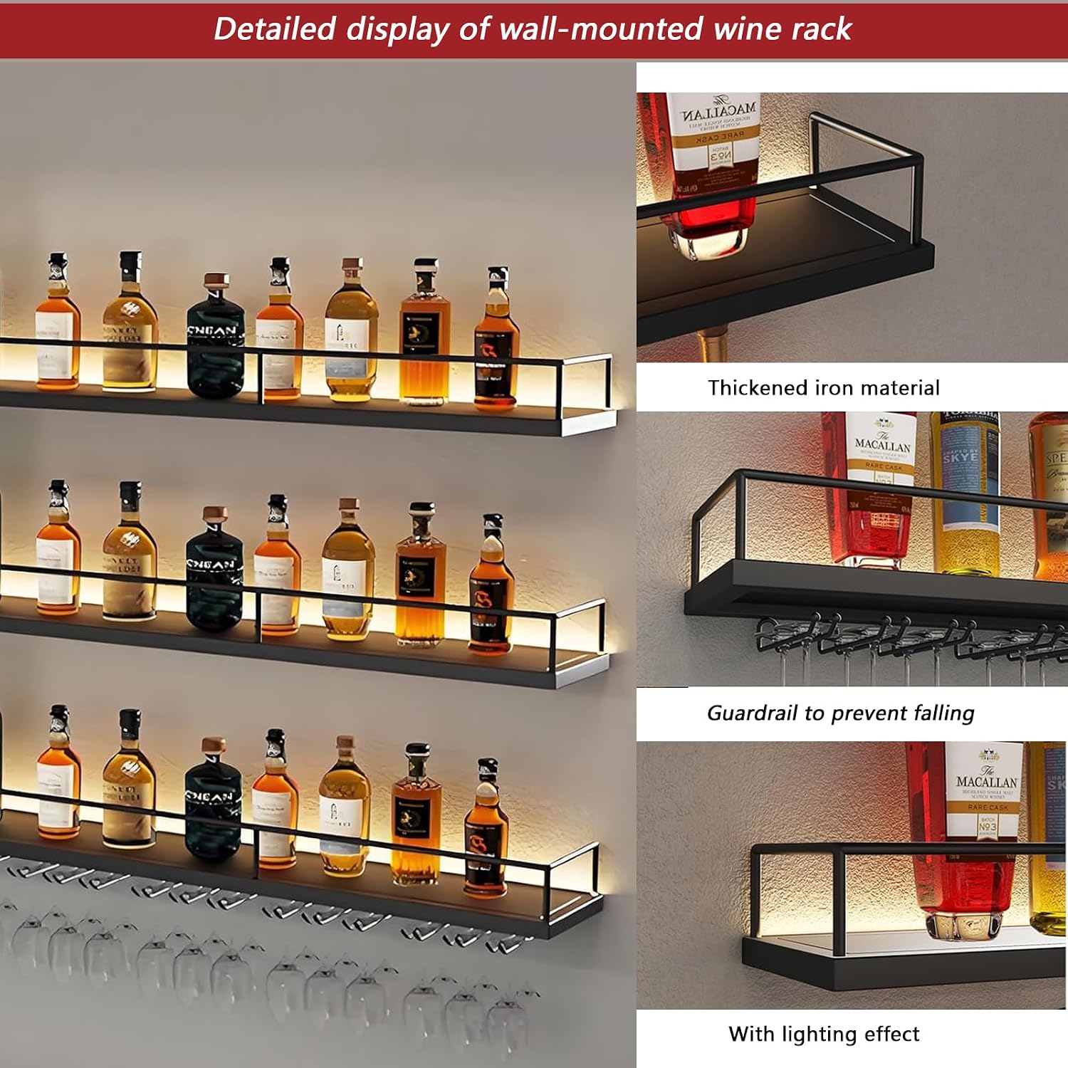 Wall-Mounted Metal Wine Rack with LED Lights 3-Tier Floating Bar Shelves with Wine Glass Rack Large Wine Bottle Display Rack Hanging Shelf, for Home Bar Dining Room Decorative (gold, 120cm/47.2in)