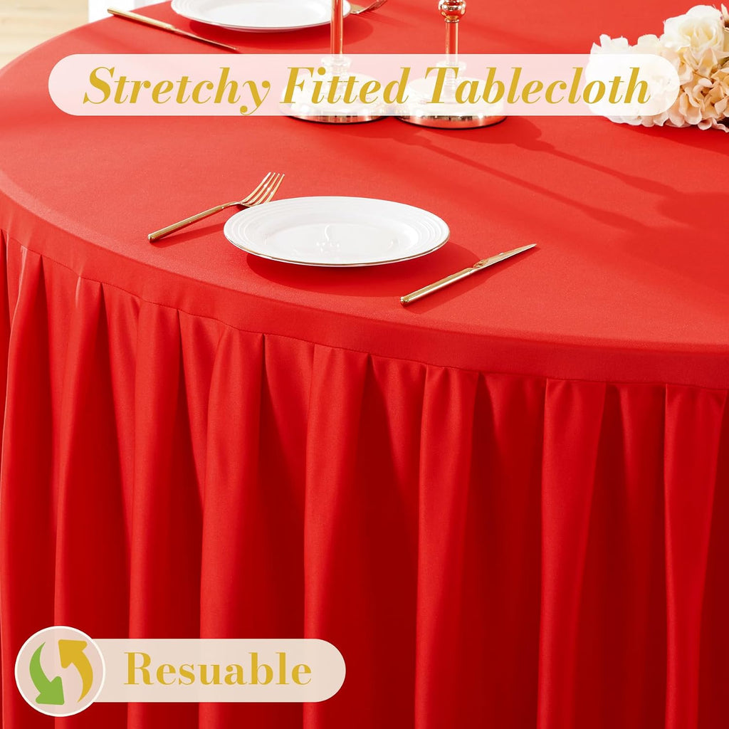 6 Pack Red Round Tablecloth 60 inch Stretch Spandex Fitted Table Cloth 5FT Round Banquet Tablecloths Wrinkle Free Table Cover Stitch Circle Tablecloth with Ruffle Skirt for Party Wedding Birthday