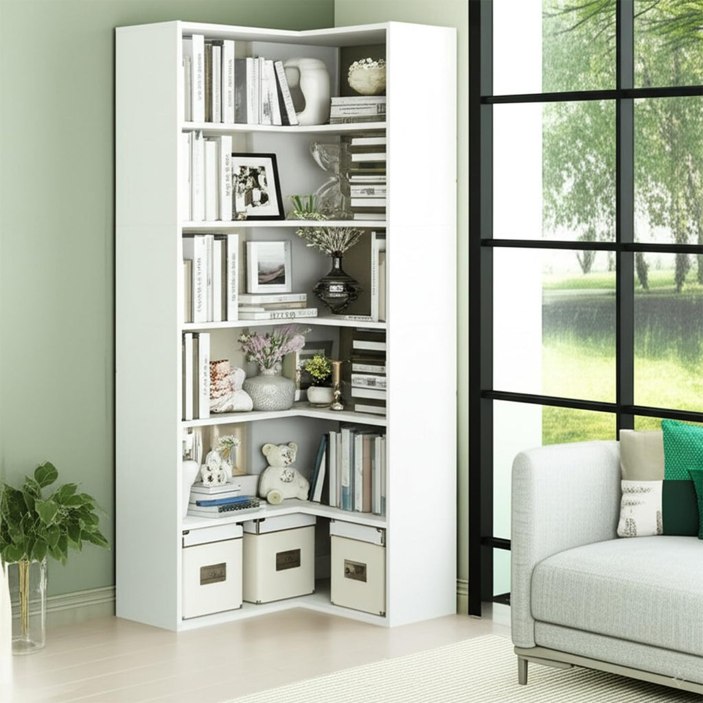 holzart 71' Tall White L-Shaped Corner Bookshelf, 6-Tier Wooden Corner Shelf Stand, Freestanding Display Rack Storage Organizer with Anti-Tip Kit for Living Room, Home Office, 27.6' W x 11' D
