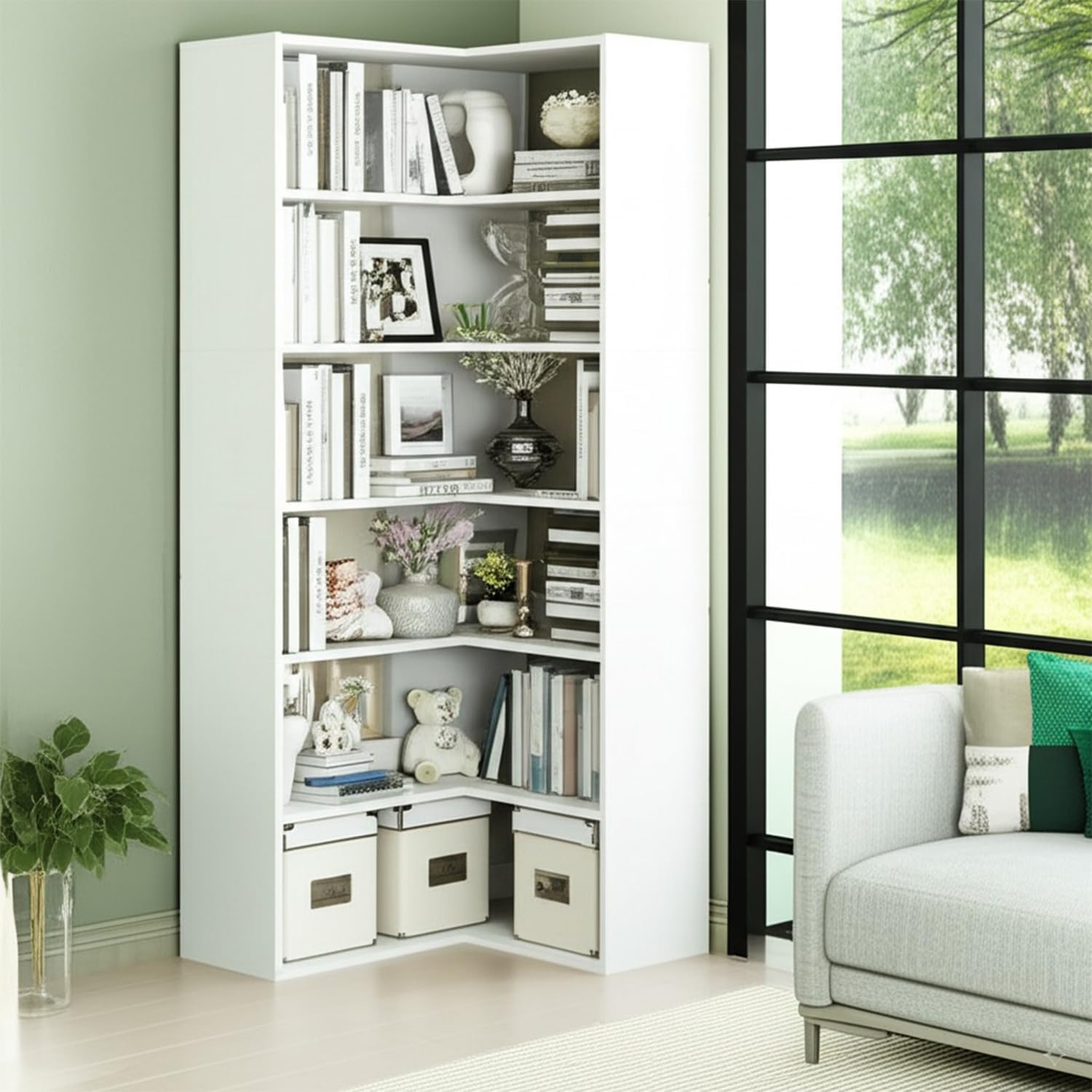 holzart 71' Tall White L-Shaped Corner Bookshelf, 6-Tier Wooden Corner Shelf Stand, Freestanding Display Rack Storage Organizer with Anti-Tip Kit for Living Room, Home Office, 27.6' W x 11' D