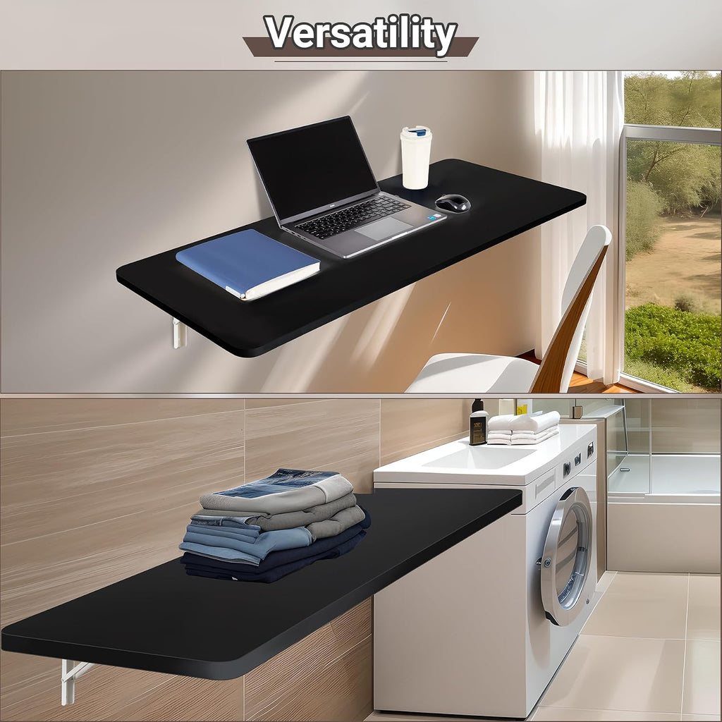 Neoaider Wall Mounted Folding Table 47.2'L x 19.7'W, Laundry Folding Table with Heavy Duty Metal Collapsible Shelf Brackets, Wall Mounted Desk Fold Down for Small Spaces, Black