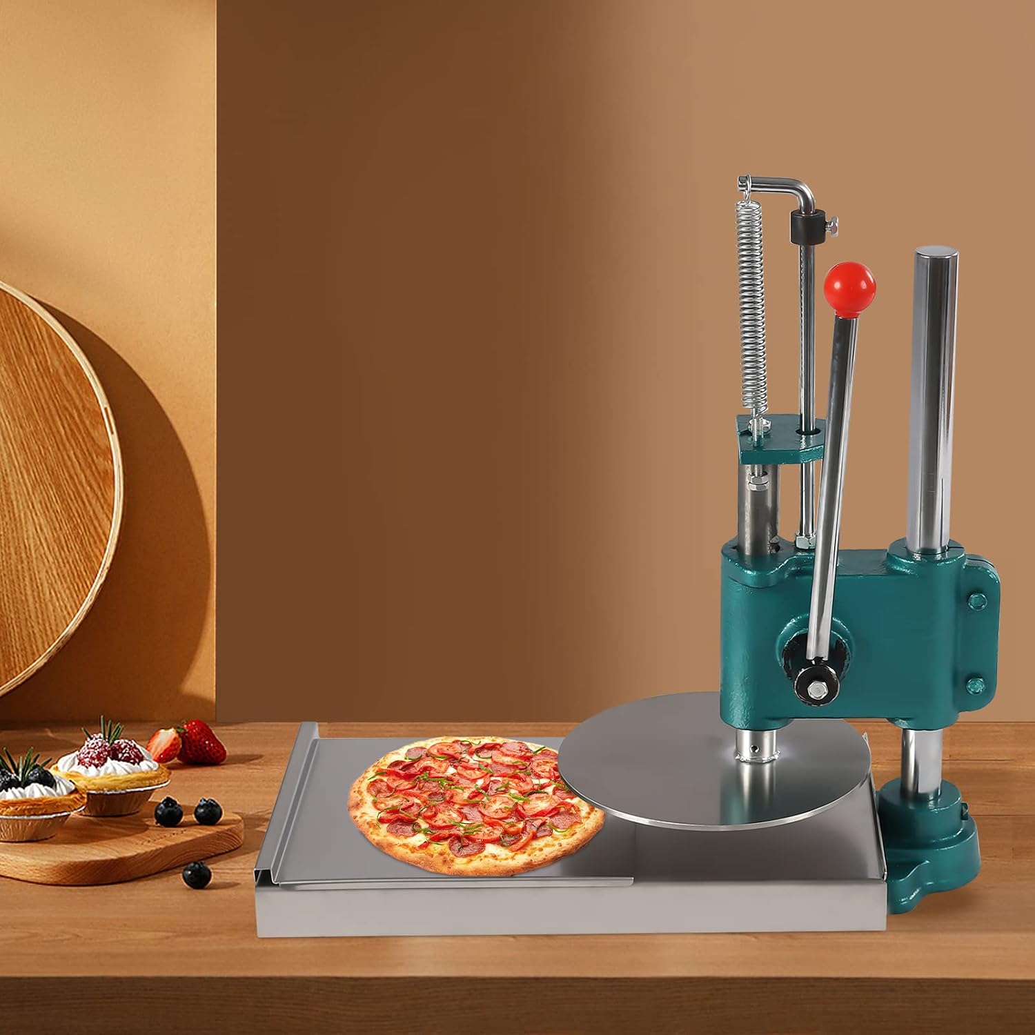 Pizza Dough Press Machine, Manual Pastry Press Machine, Adjustable Height Stainless-Steel Dough Presser for Household, Commercial, Hand Pie, Meatloaf, Pizza Crusts, Soft Roll (9.5in)